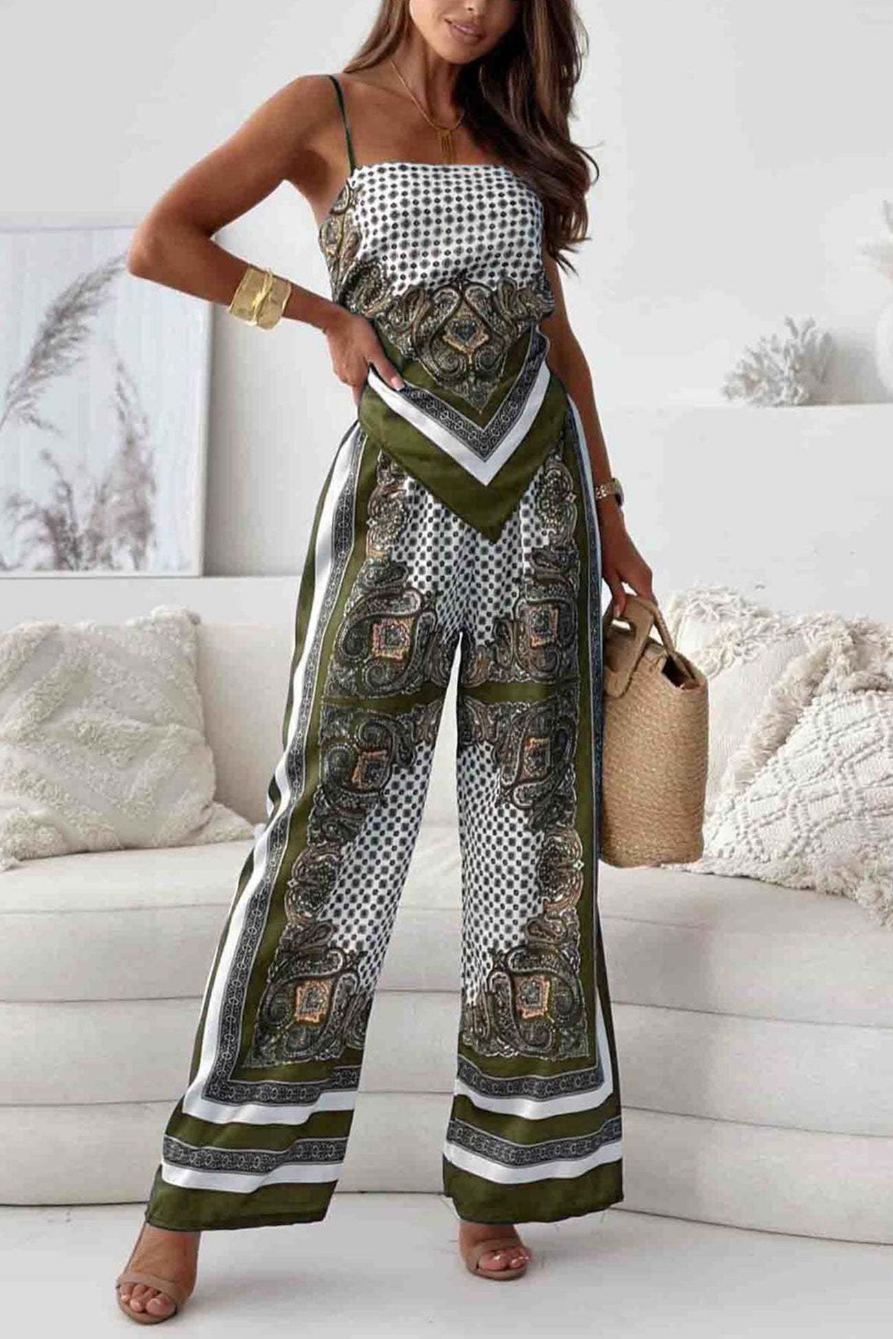 Printed Tie-back Cami Long Pants Set