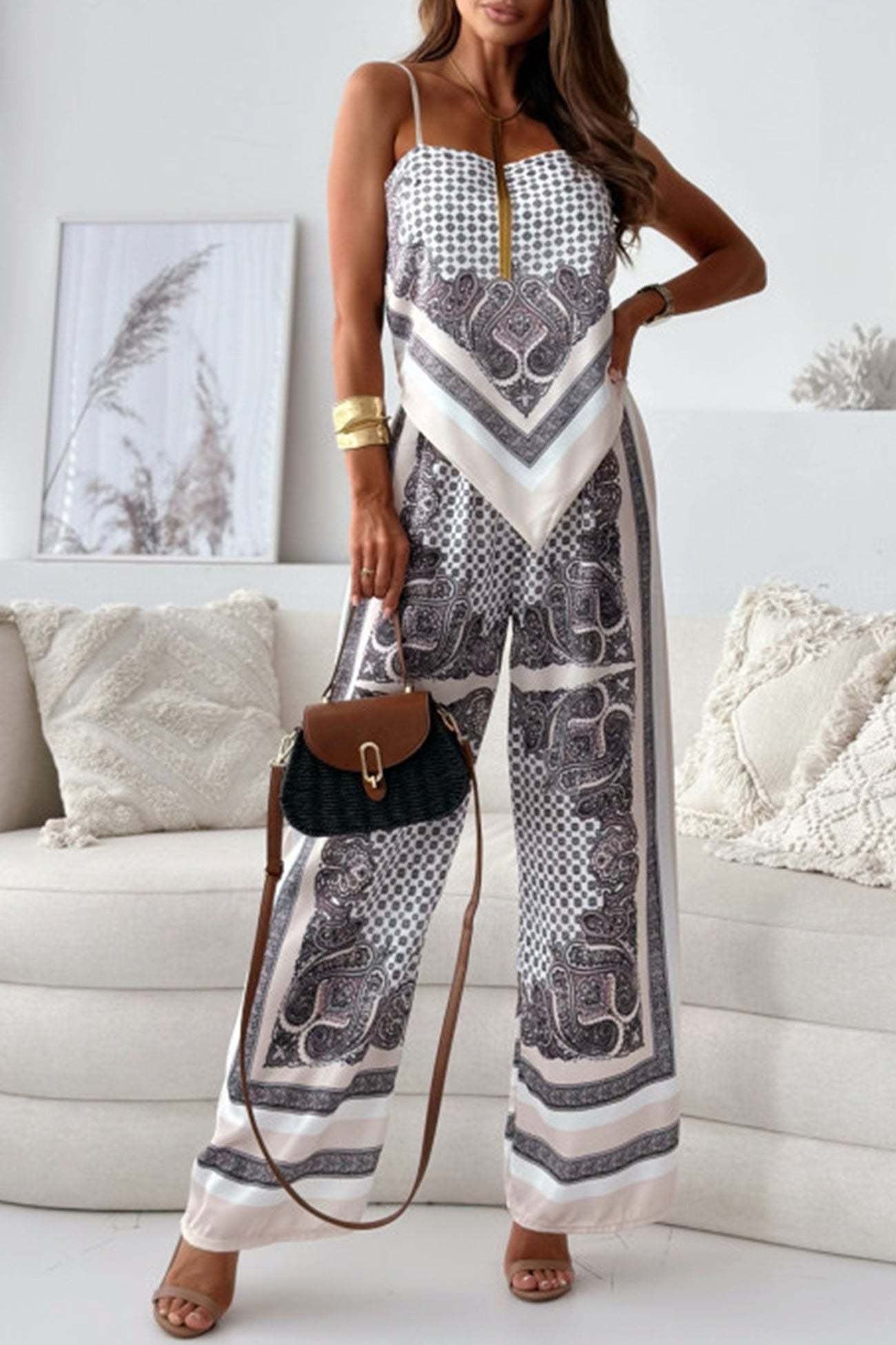 Printed Tie-back Cami Long Pants Set