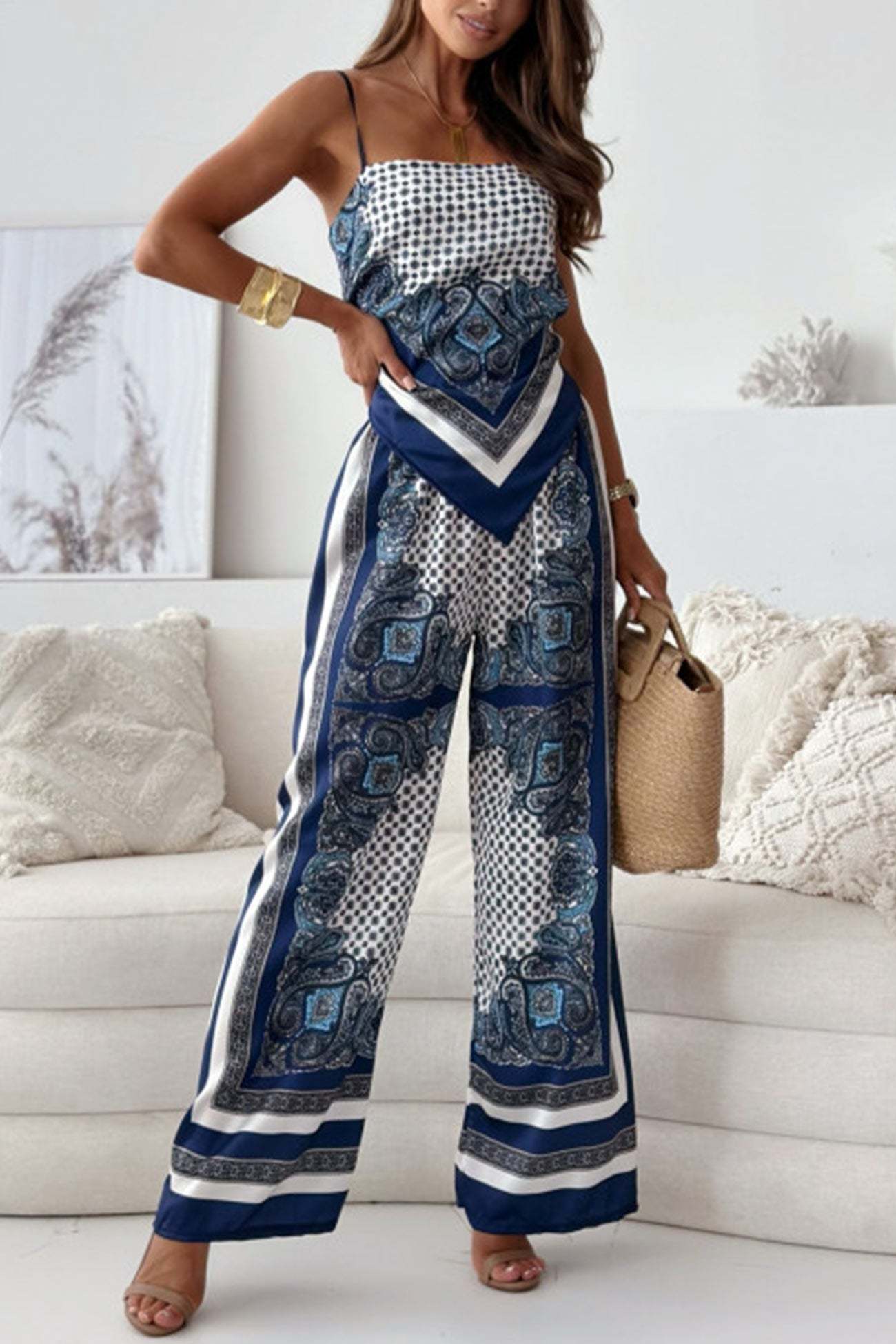Printed Tie-back Cami Long Pants Set