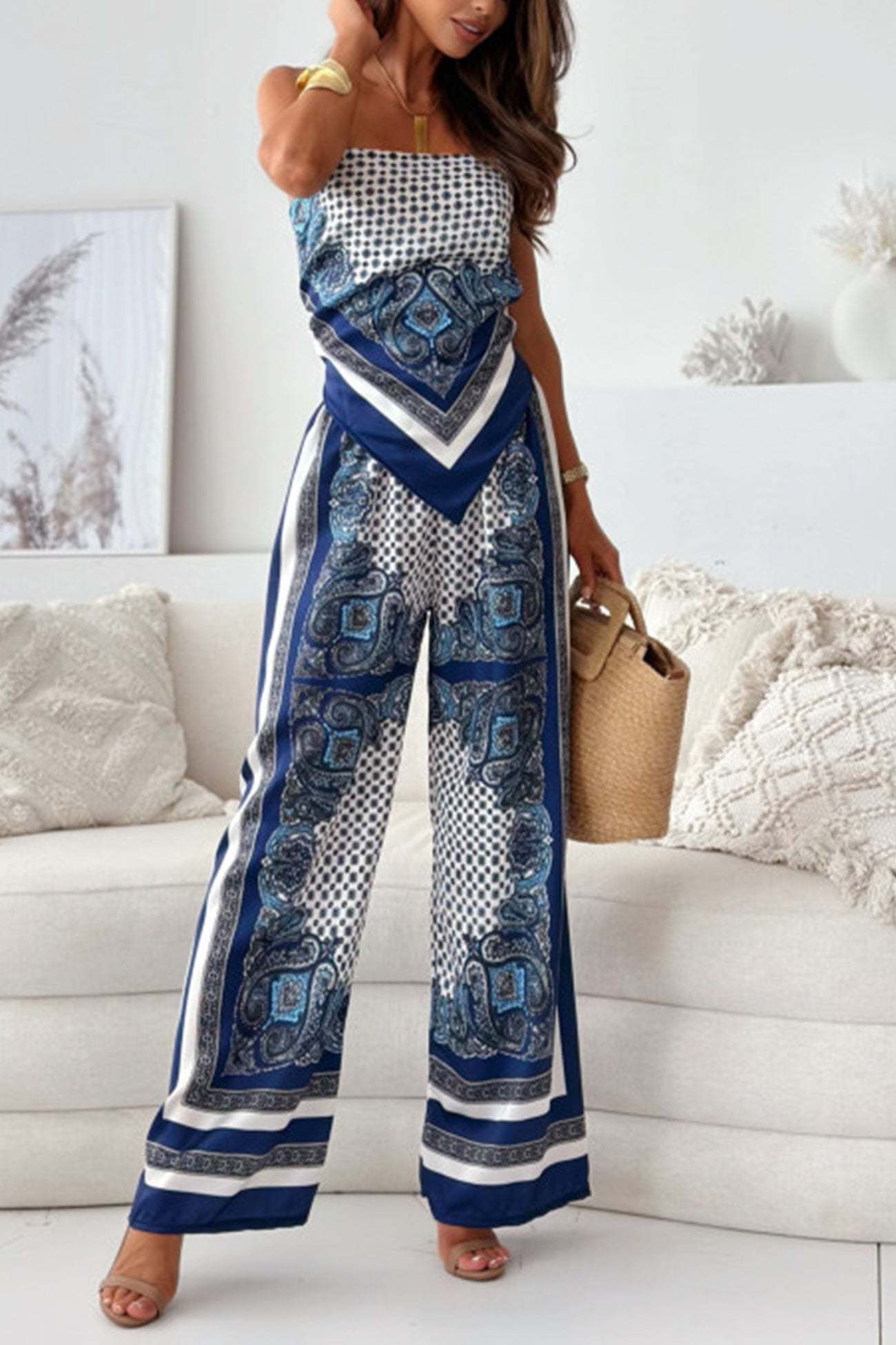 Printed Tie-back Cami Long Pants Set