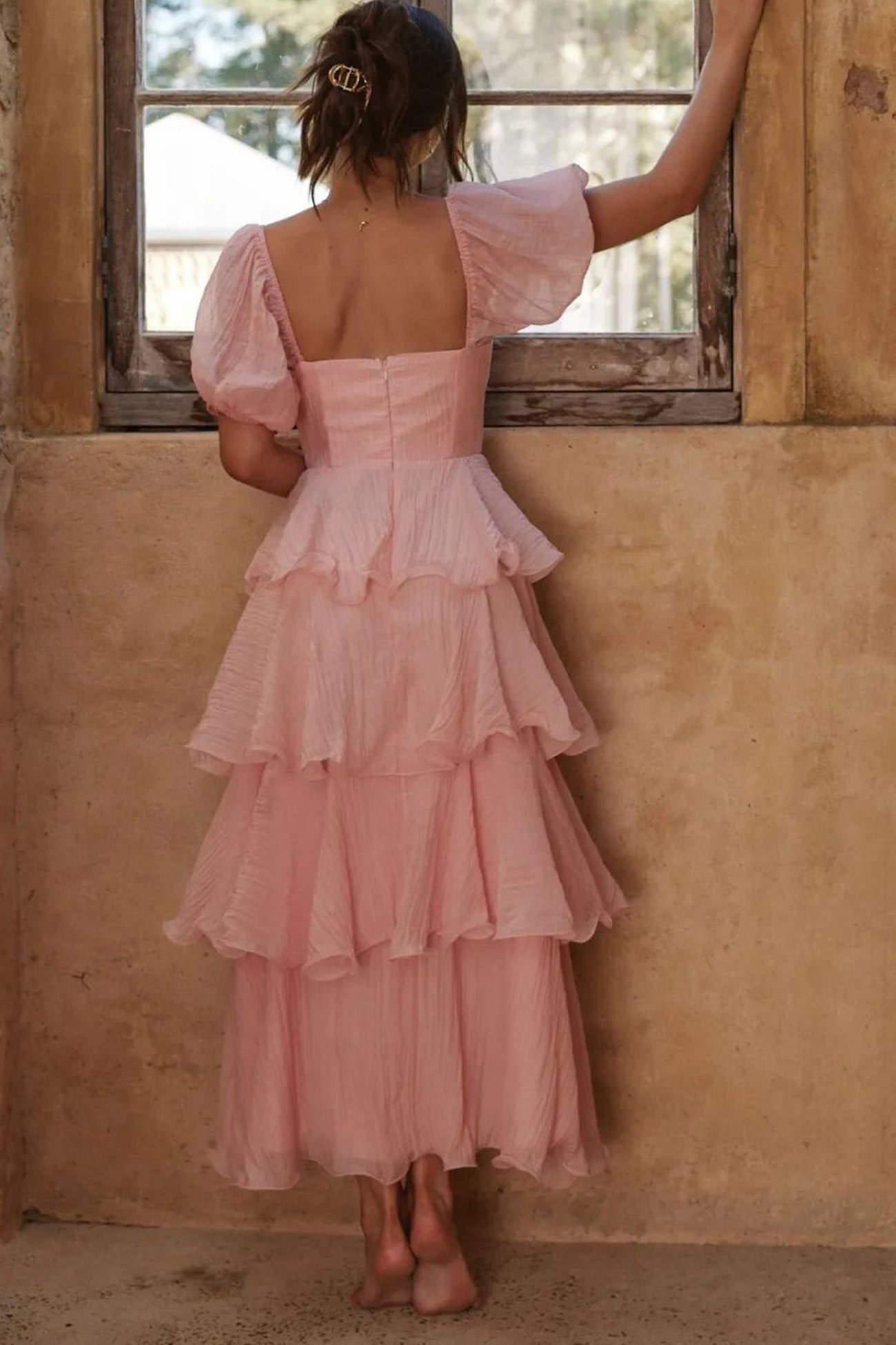 Puff Sleeve Backless Tiered Midi Dress