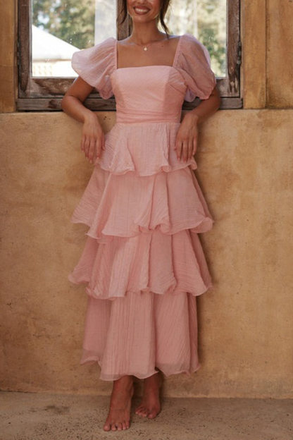 Puff Sleeve Backless Tiered Midi Dress