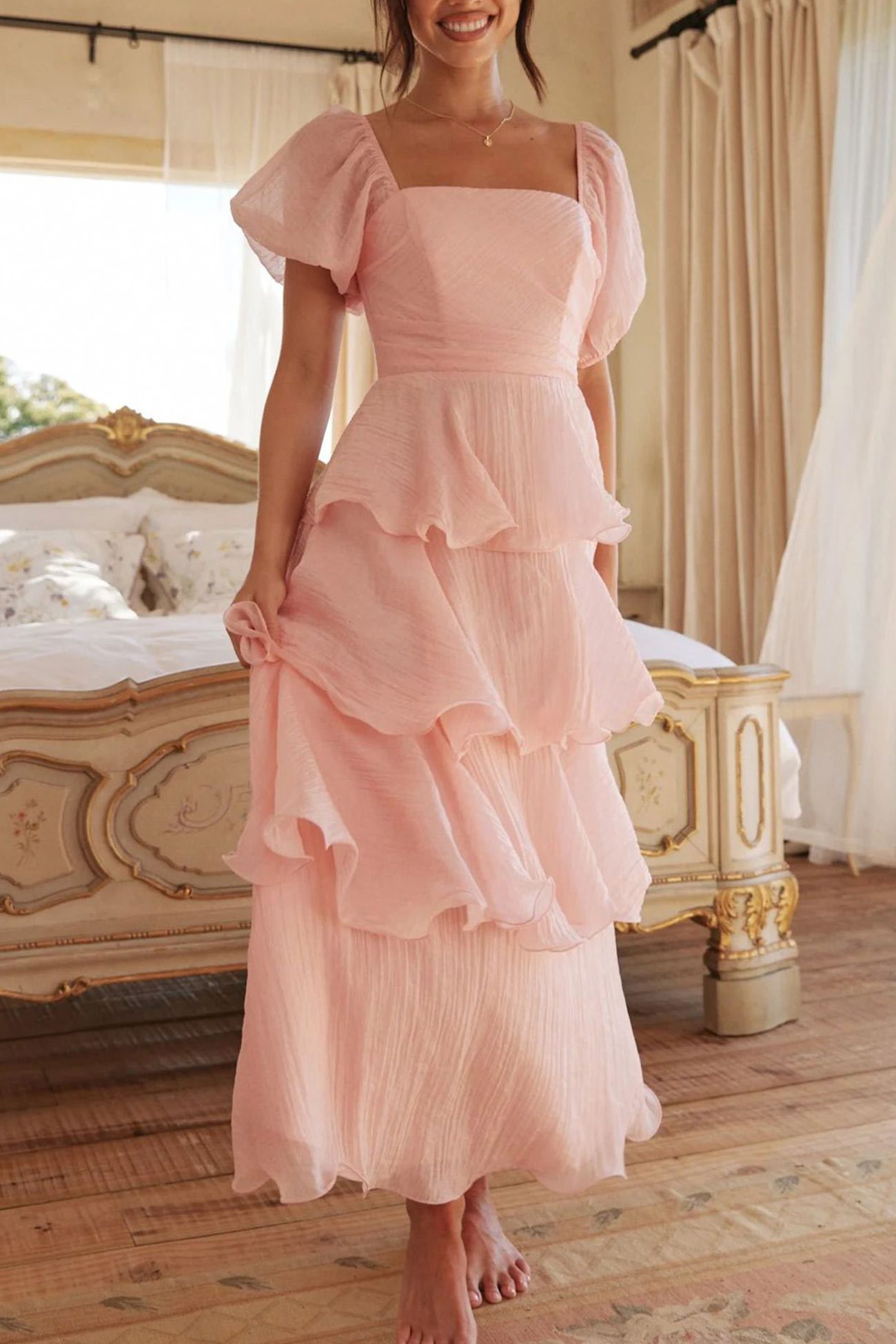 Puff Sleeve Backless Tiered Midi Dress