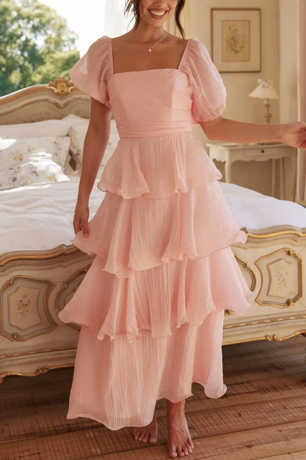 Puff Sleeve Backless Tiered Midi Dress