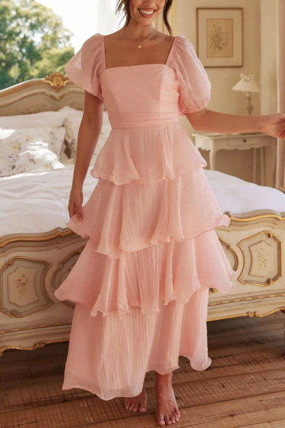 Puff Sleeve Backless Tiered Midi Dress