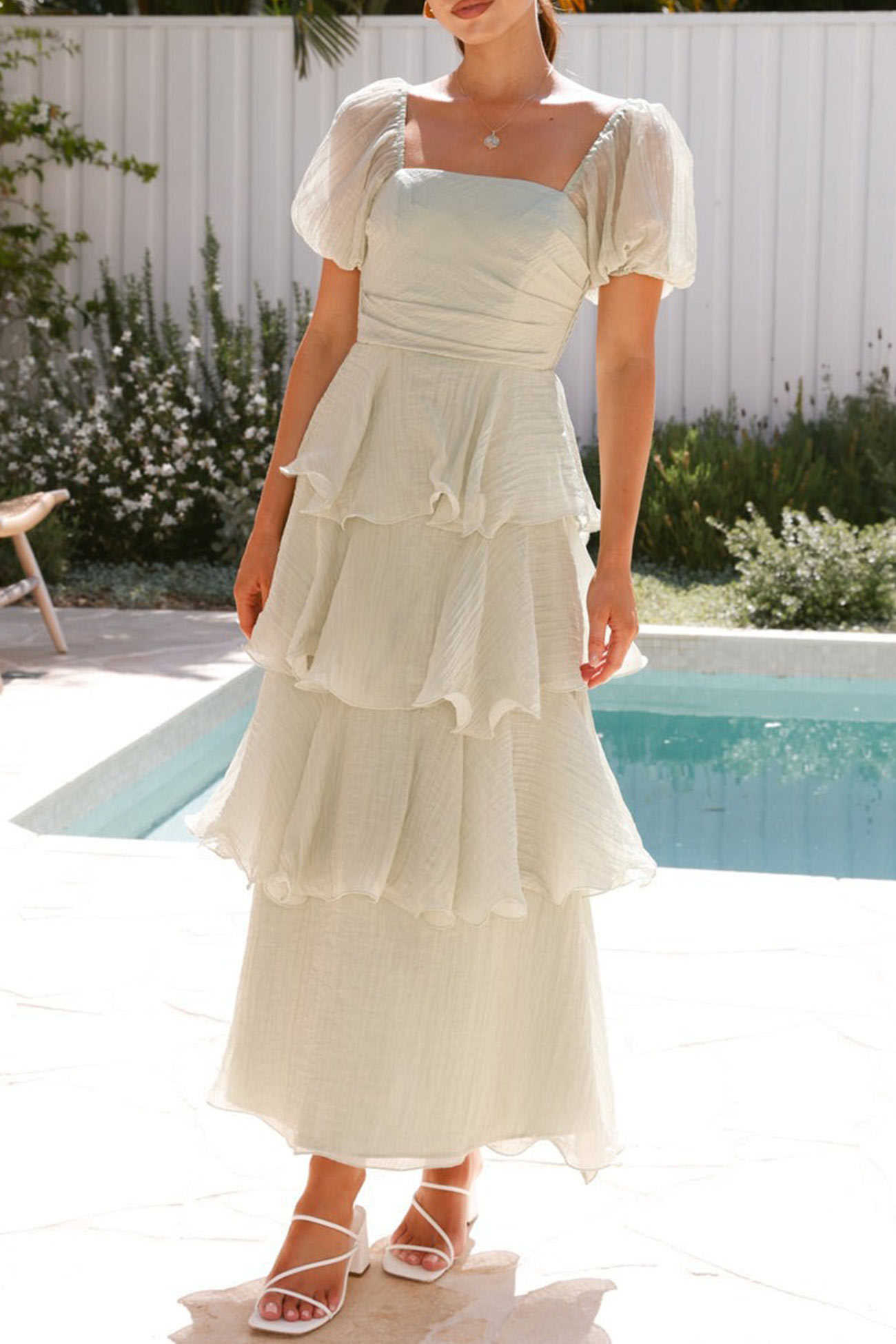 Puff Sleeve Backless Tiered Midi Dress