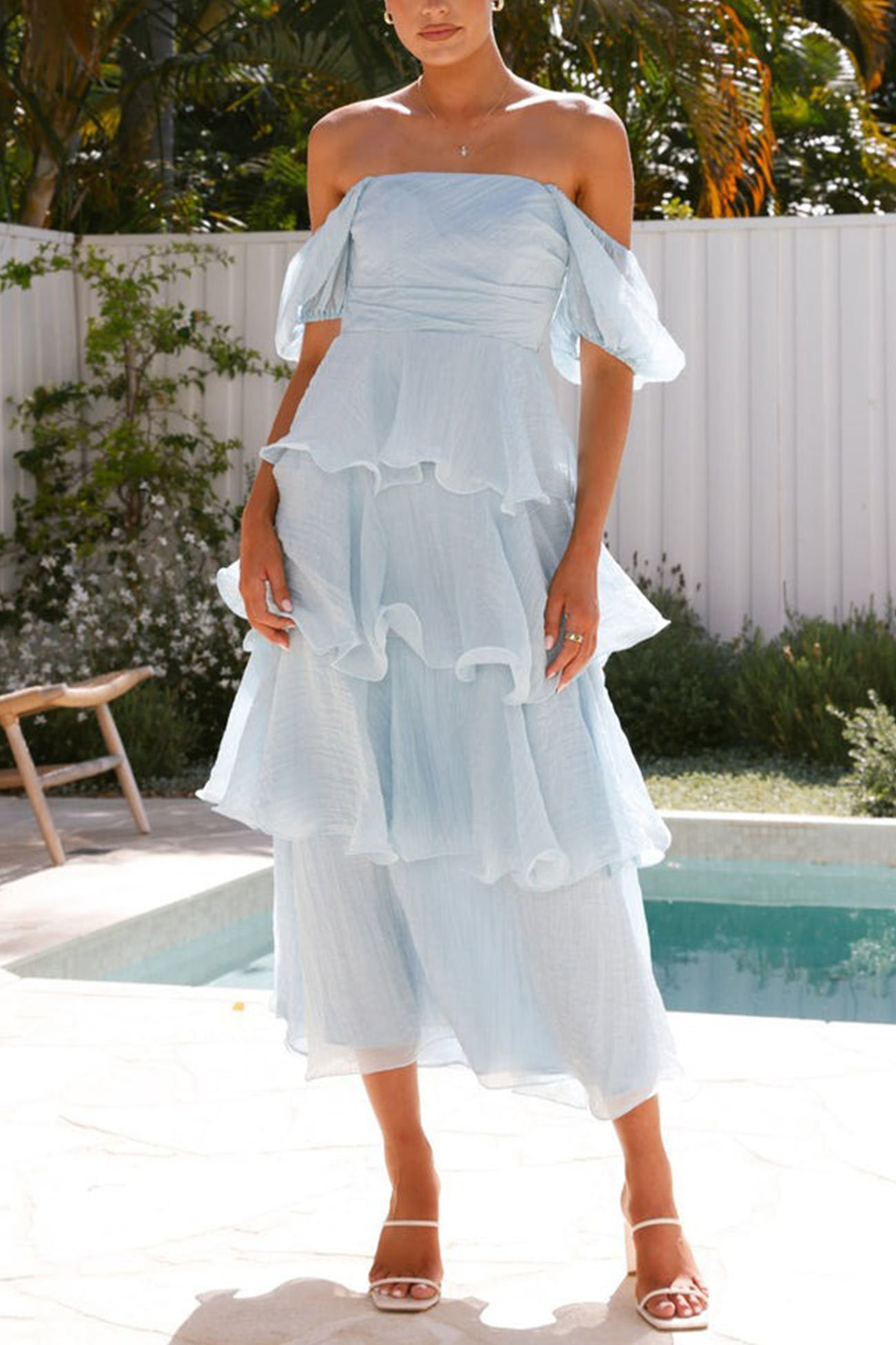 Puff Sleeve Backless Tiered Midi Dress