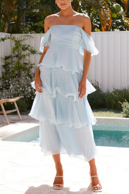 Puff Sleeve Backless Tiered Midi Dress