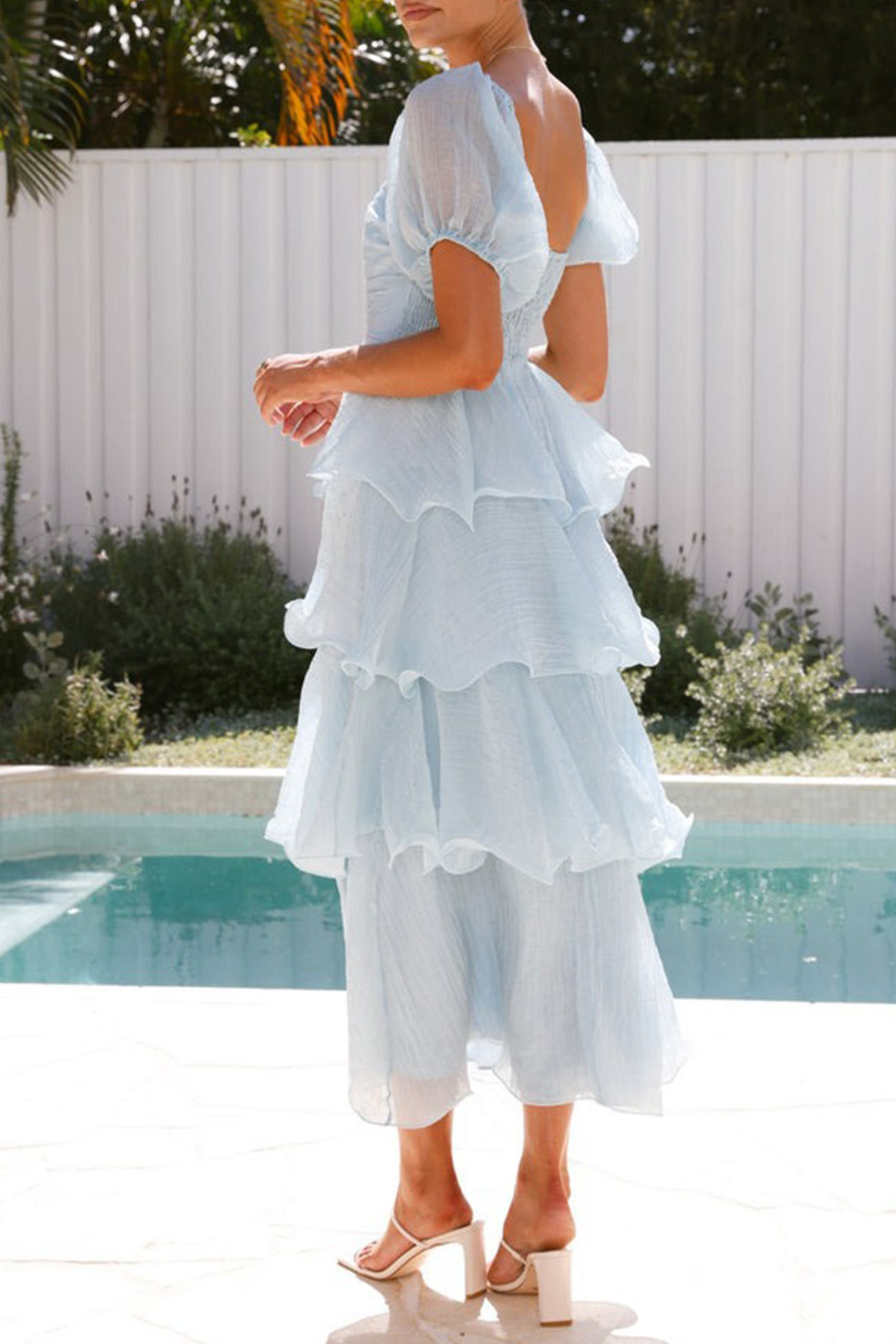 Puff Sleeve Backless Tiered Midi Dress