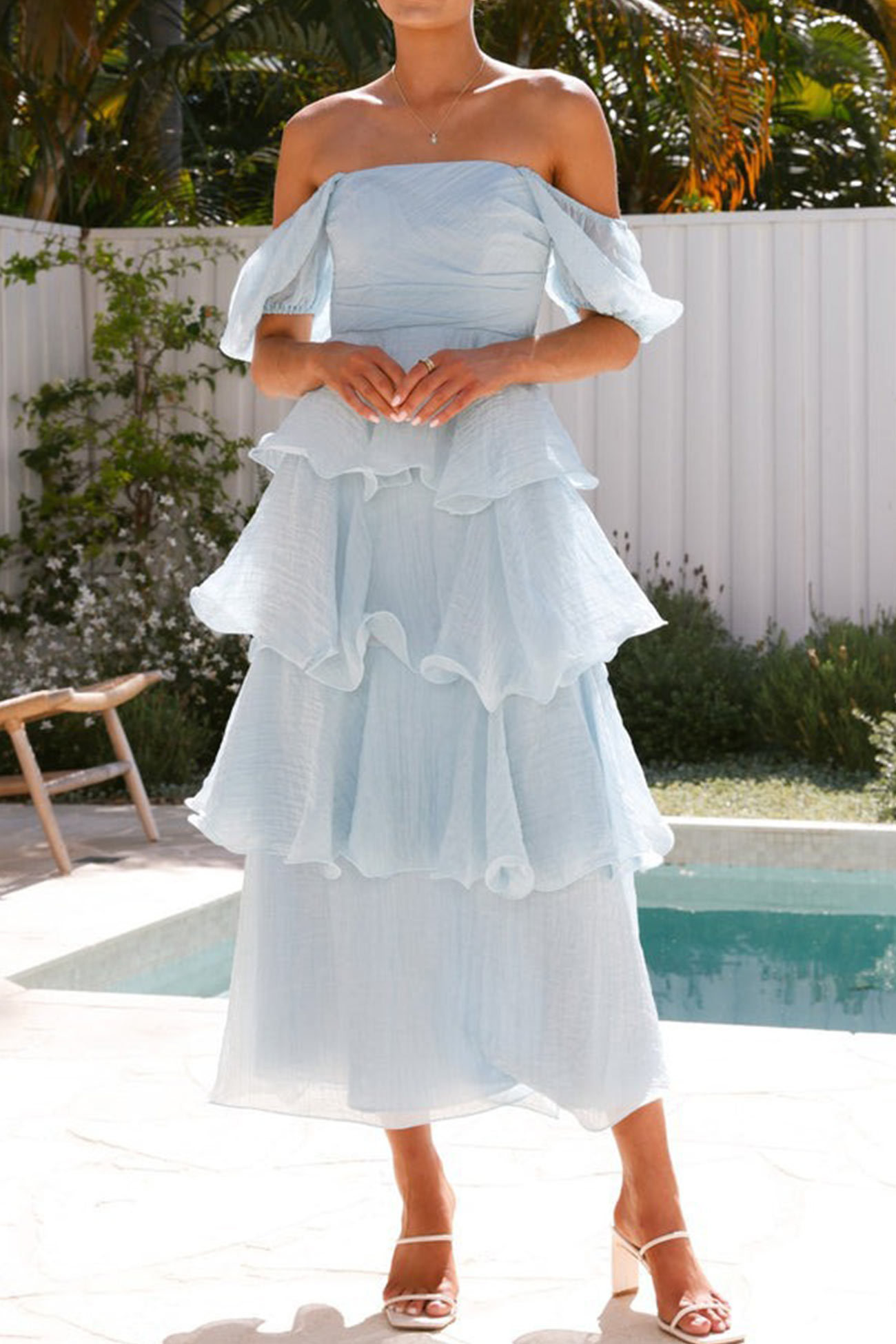 Puff Sleeve Backless Tiered Midi Dress