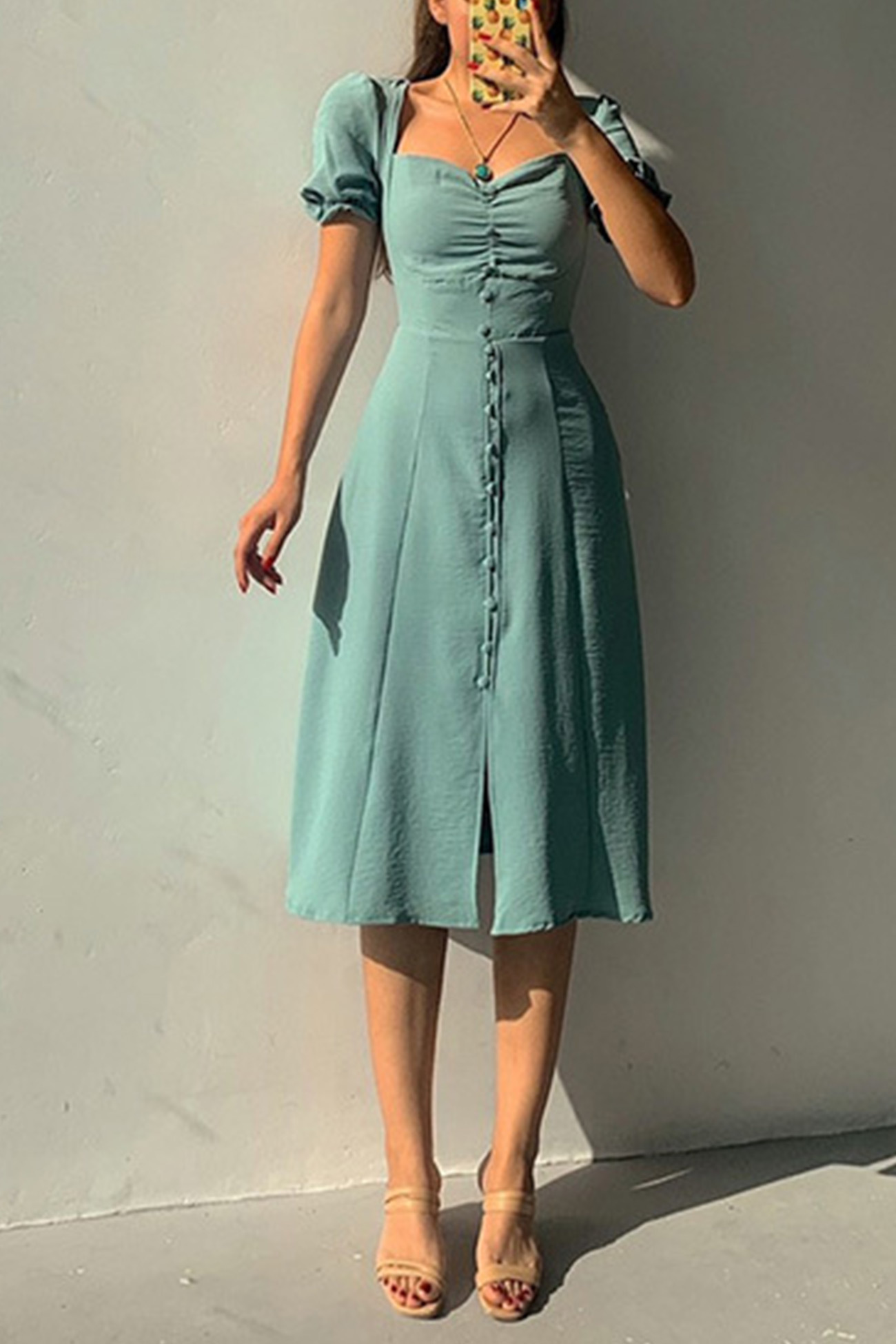 Puff Sleeve Single-breasted Midi Dress