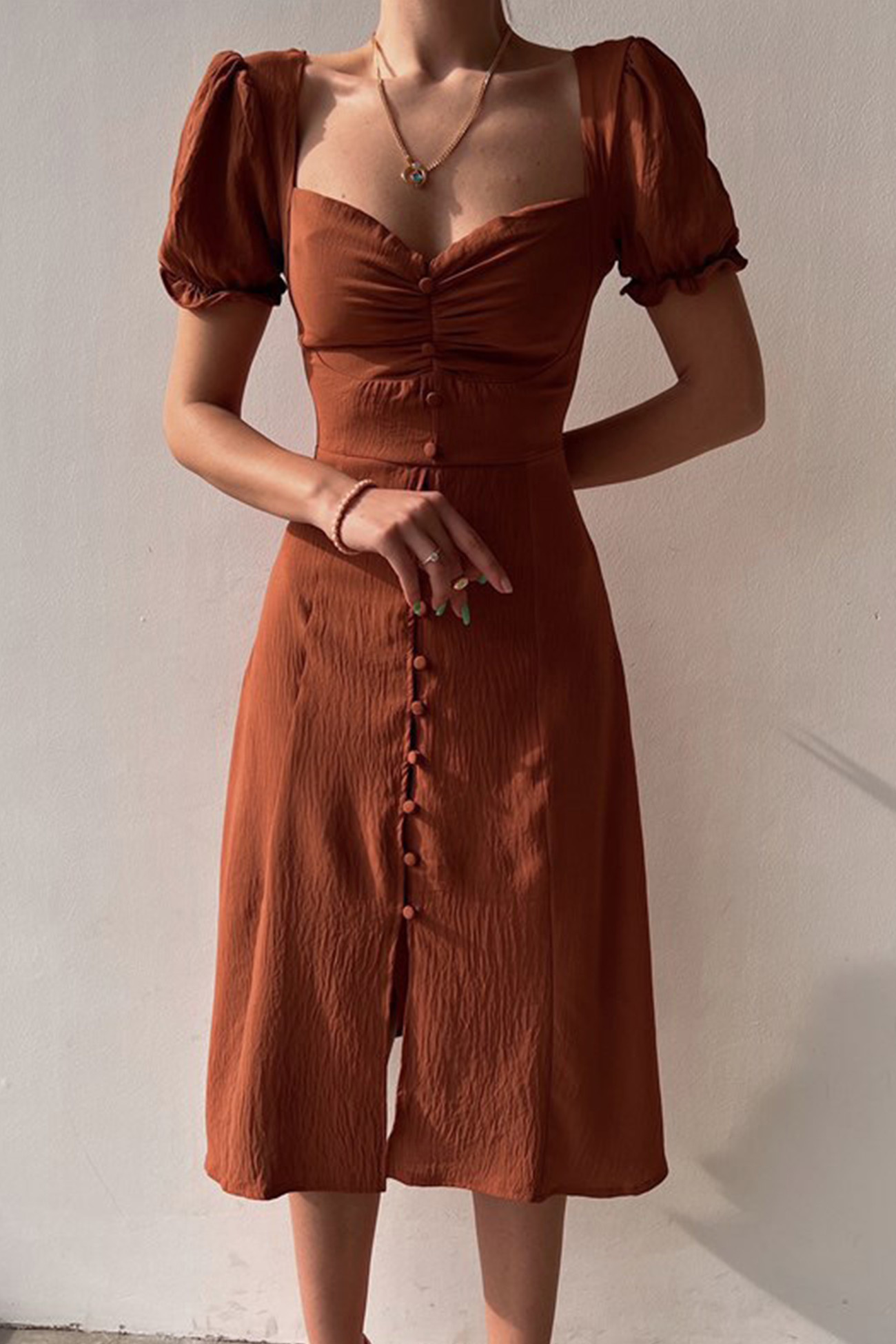 Puff Sleeve Single-breasted Midi Dress