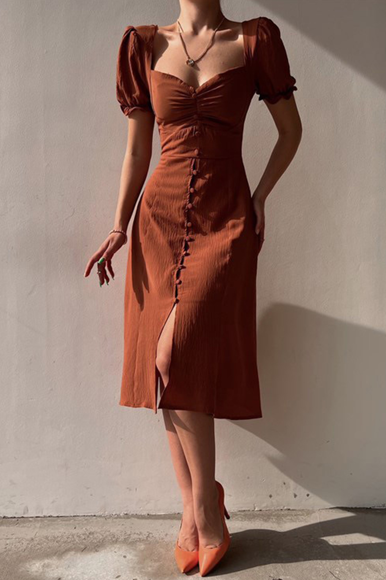 Puff Sleeve Single-breasted Midi Dress