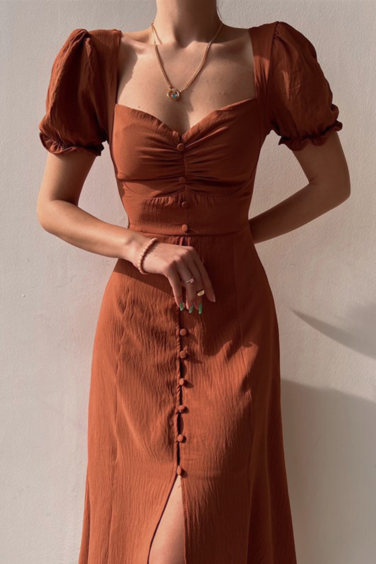 Puff Sleeve Single-breasted Midi Dress