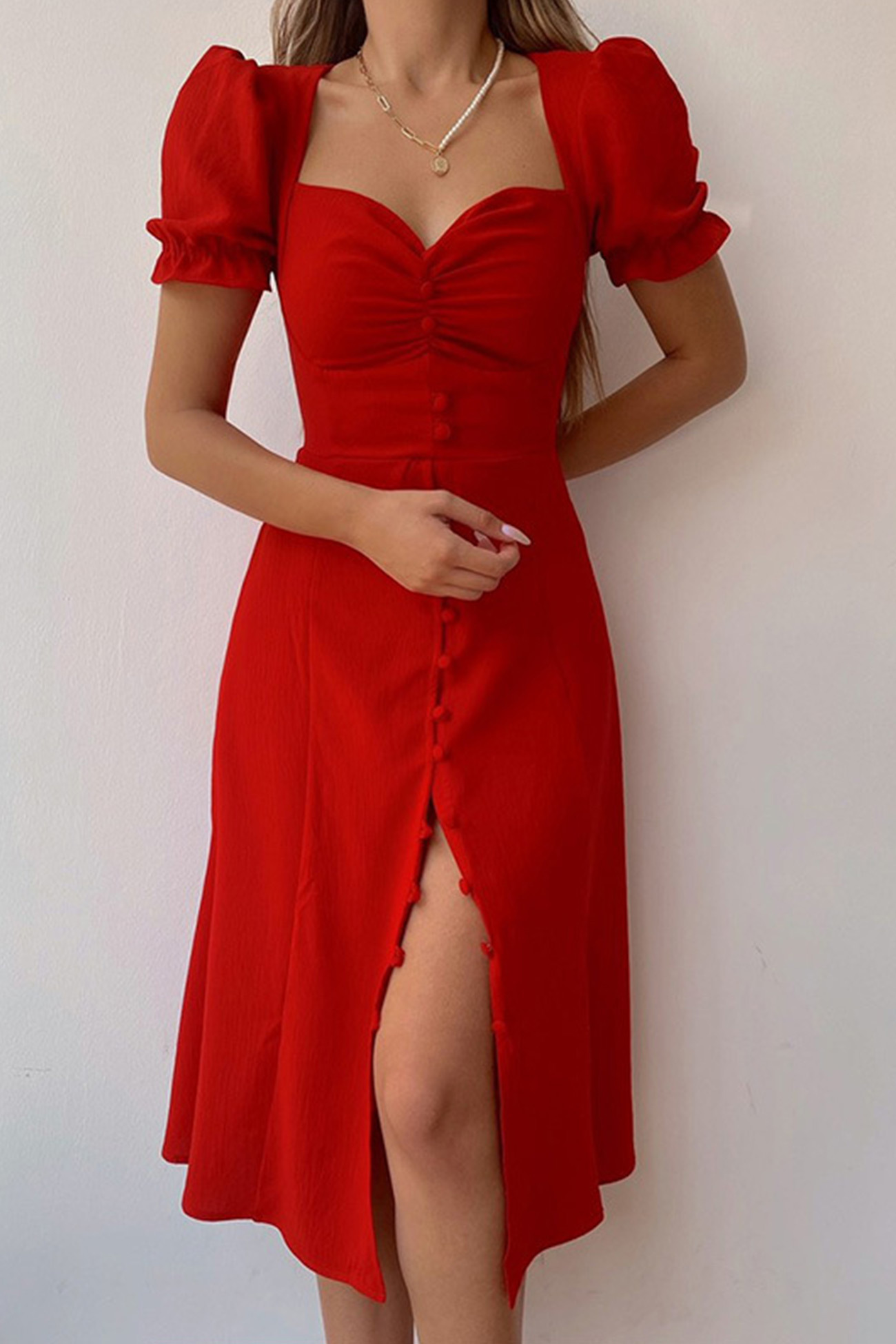 Puff Sleeve Single-breasted Midi Dress