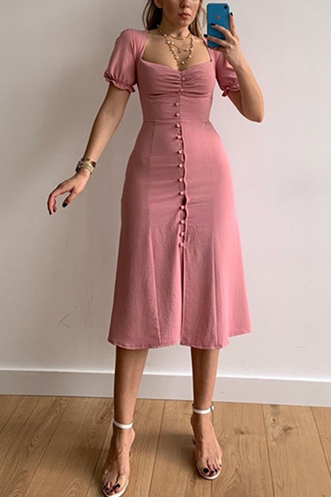 Puff Sleeve Single-breasted Midi Dress