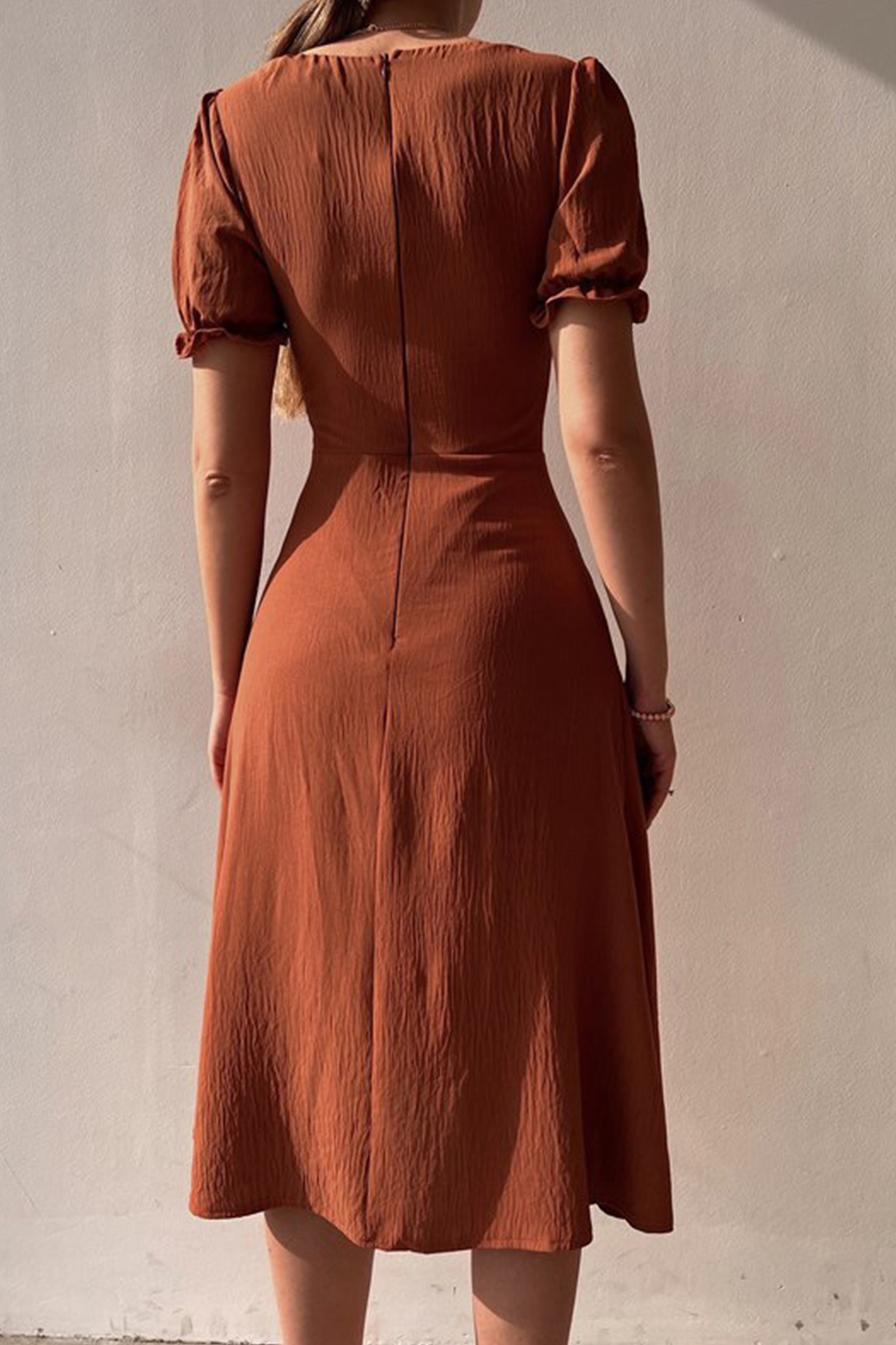 Puff Sleeve Single-breasted Midi Dress