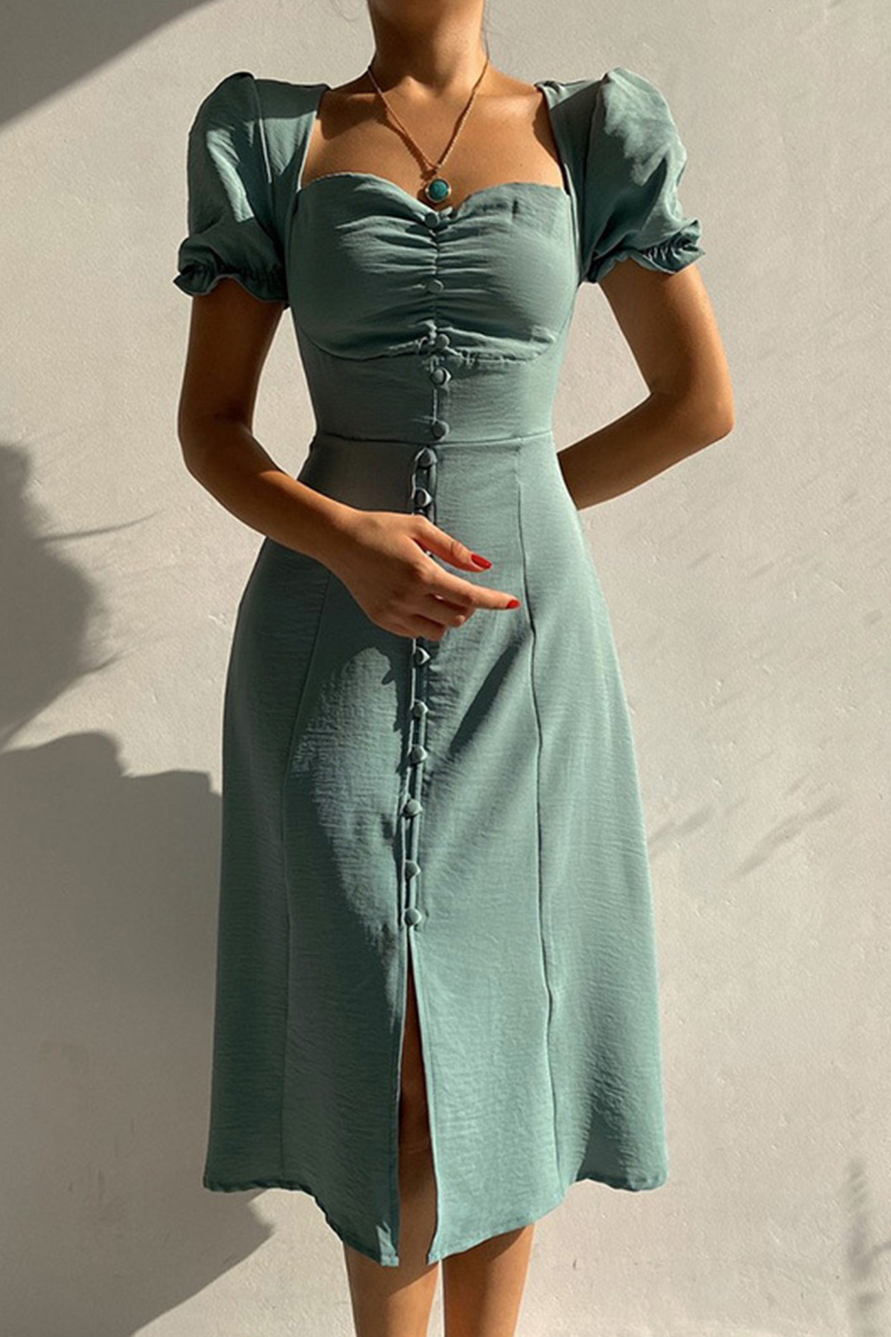 Puff Sleeve Single-breasted Midi Dress