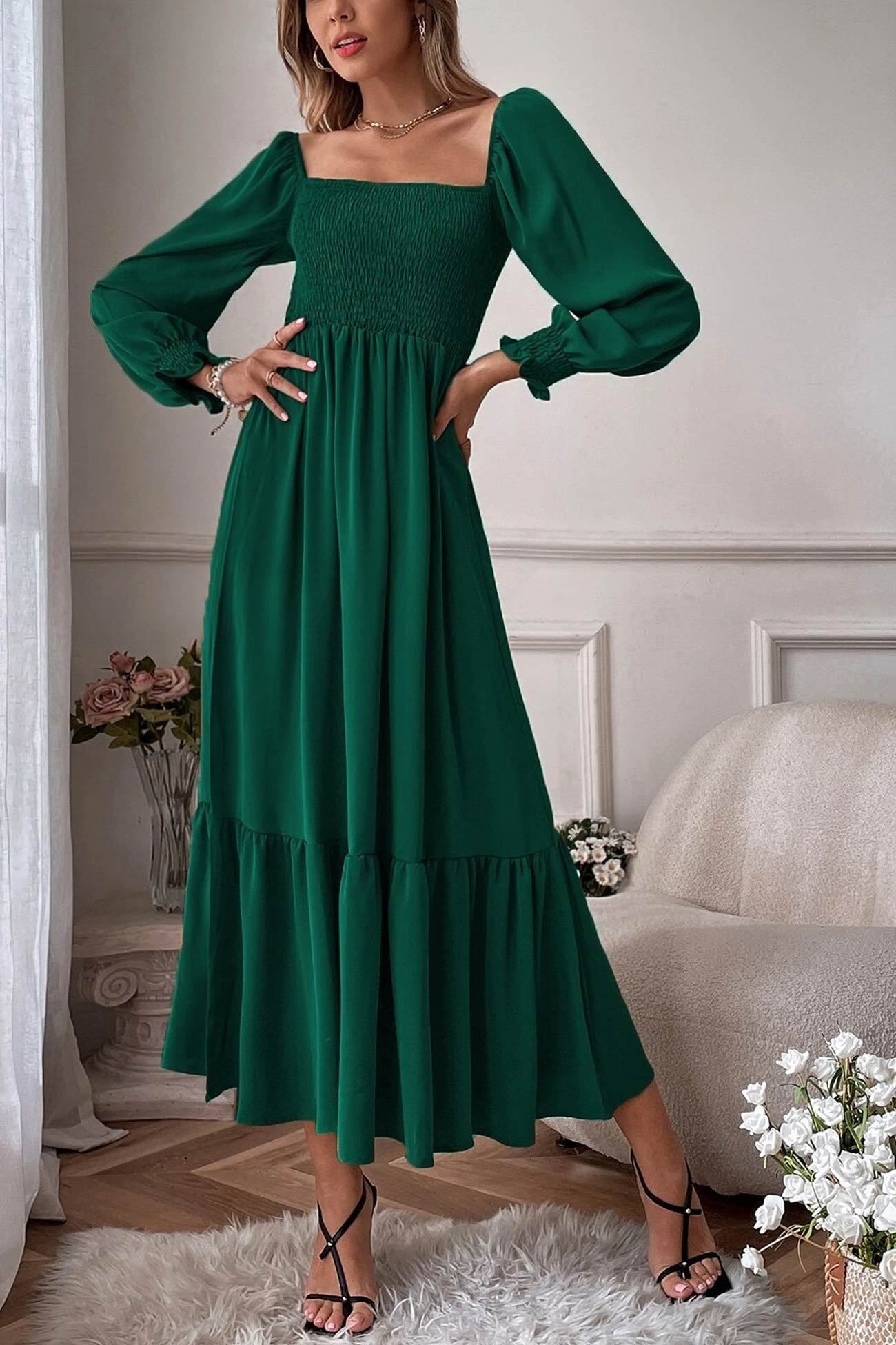 Puff Sleeve Smocked Ruffle Midi Dress