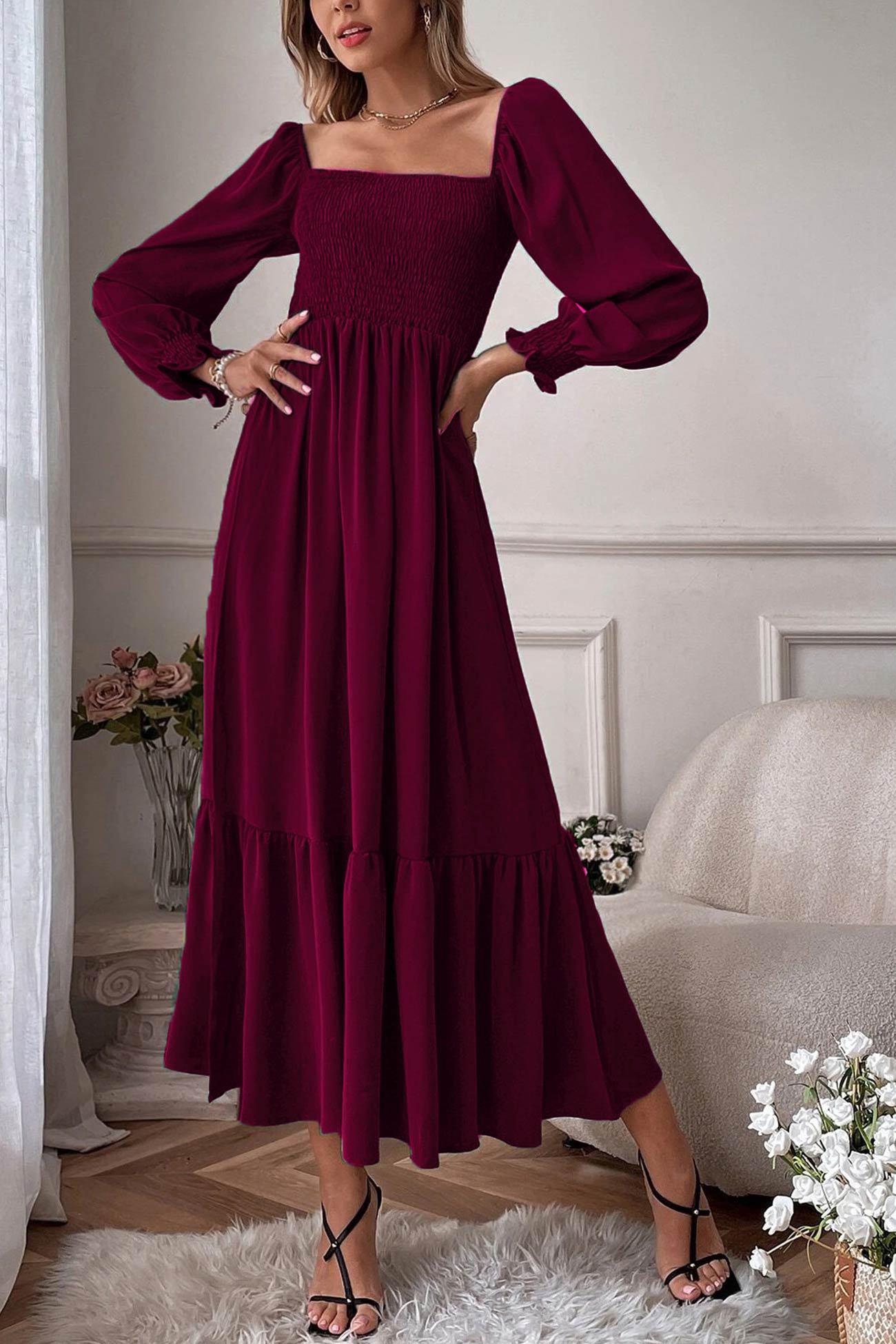 Puff Sleeve Smocked Ruffle Midi Dress