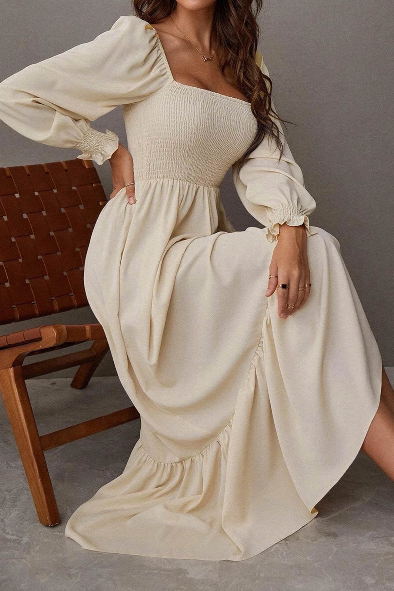 Puff Sleeve Smocked Ruffle Midi Dress