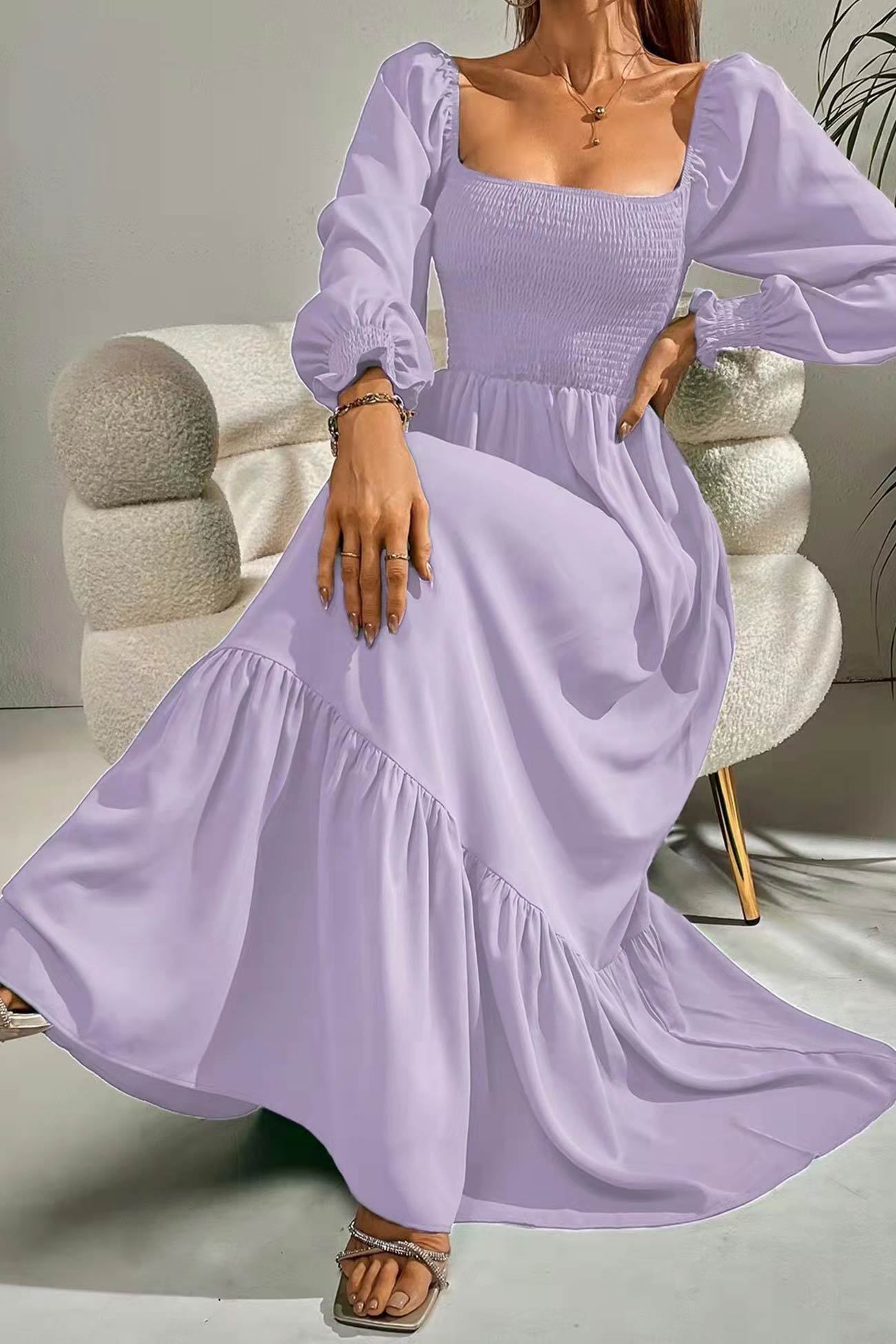 Puff Sleeve Smocked Ruffle Midi Dress