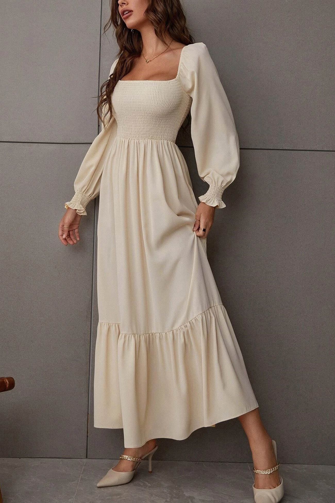 Puff Sleeve Smocked Ruffle Midi Dress