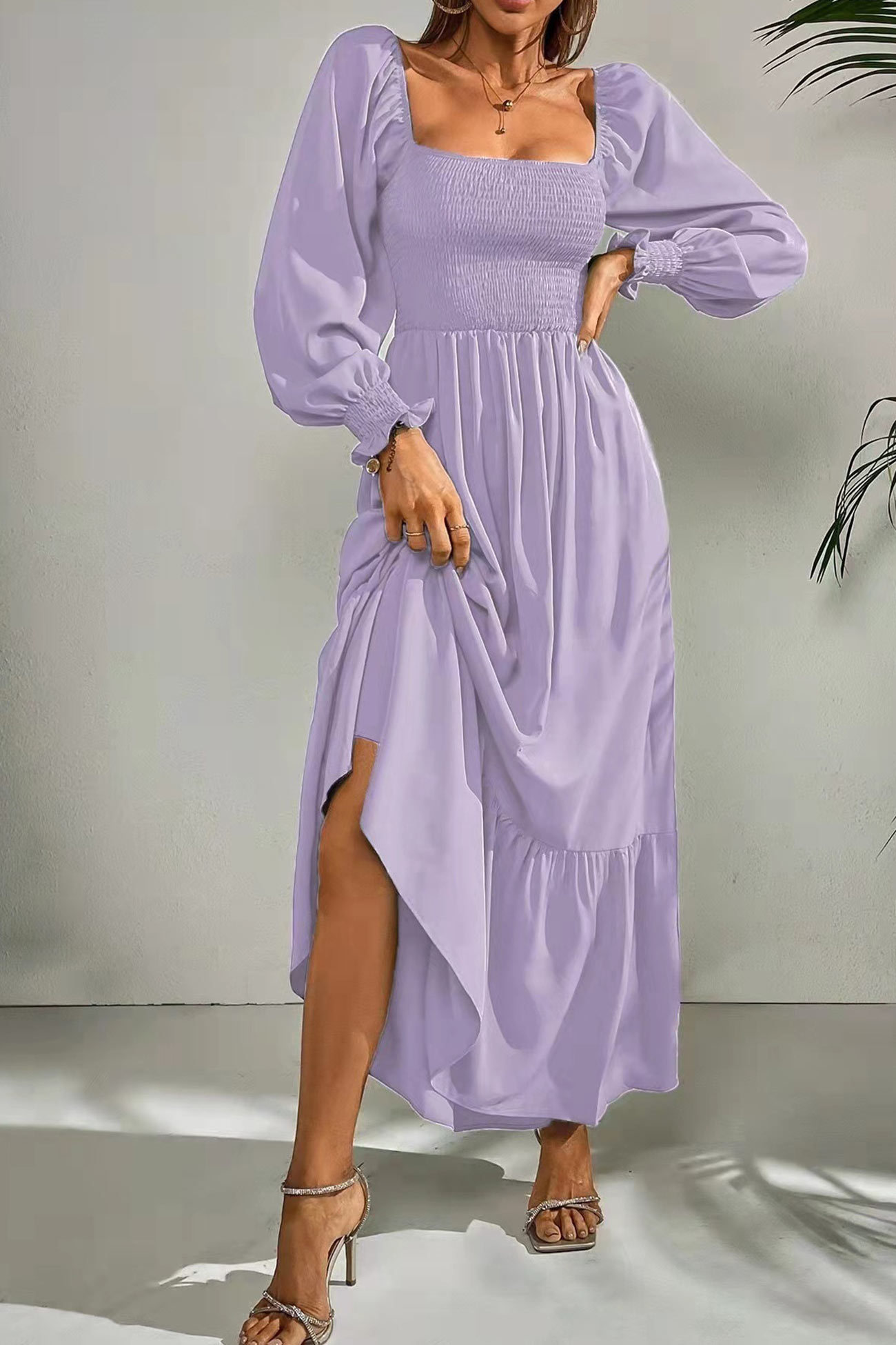 Puff Sleeve Smocked Ruffle Midi Dress