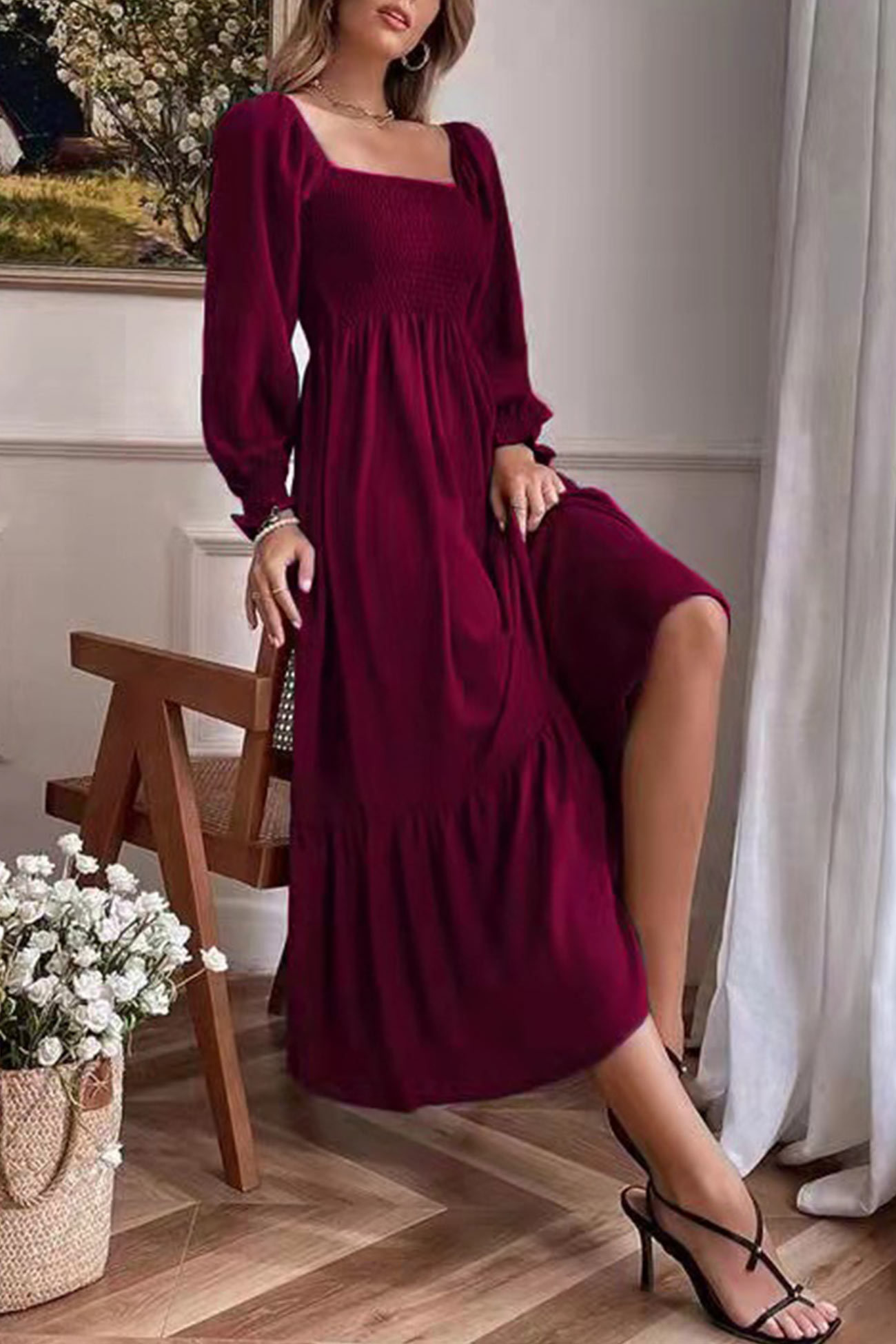 Puff Sleeve Smocked Ruffle Midi Dress