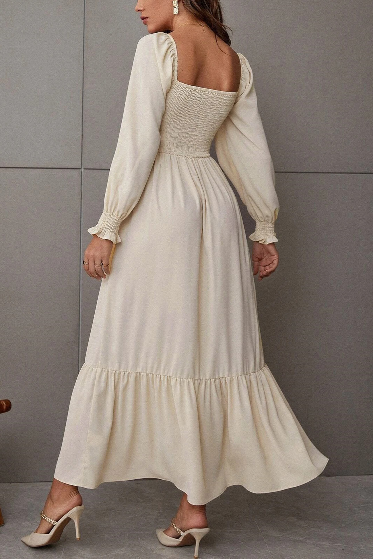 Puff Sleeve Smocked Ruffle Midi Dress