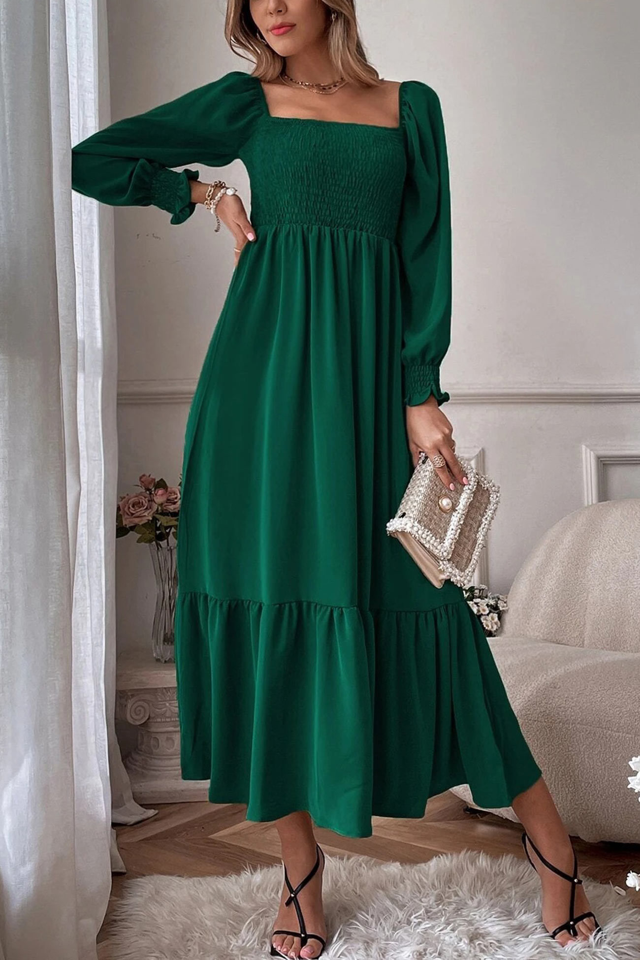 Puff Sleeve Smocked Ruffle Midi Dress