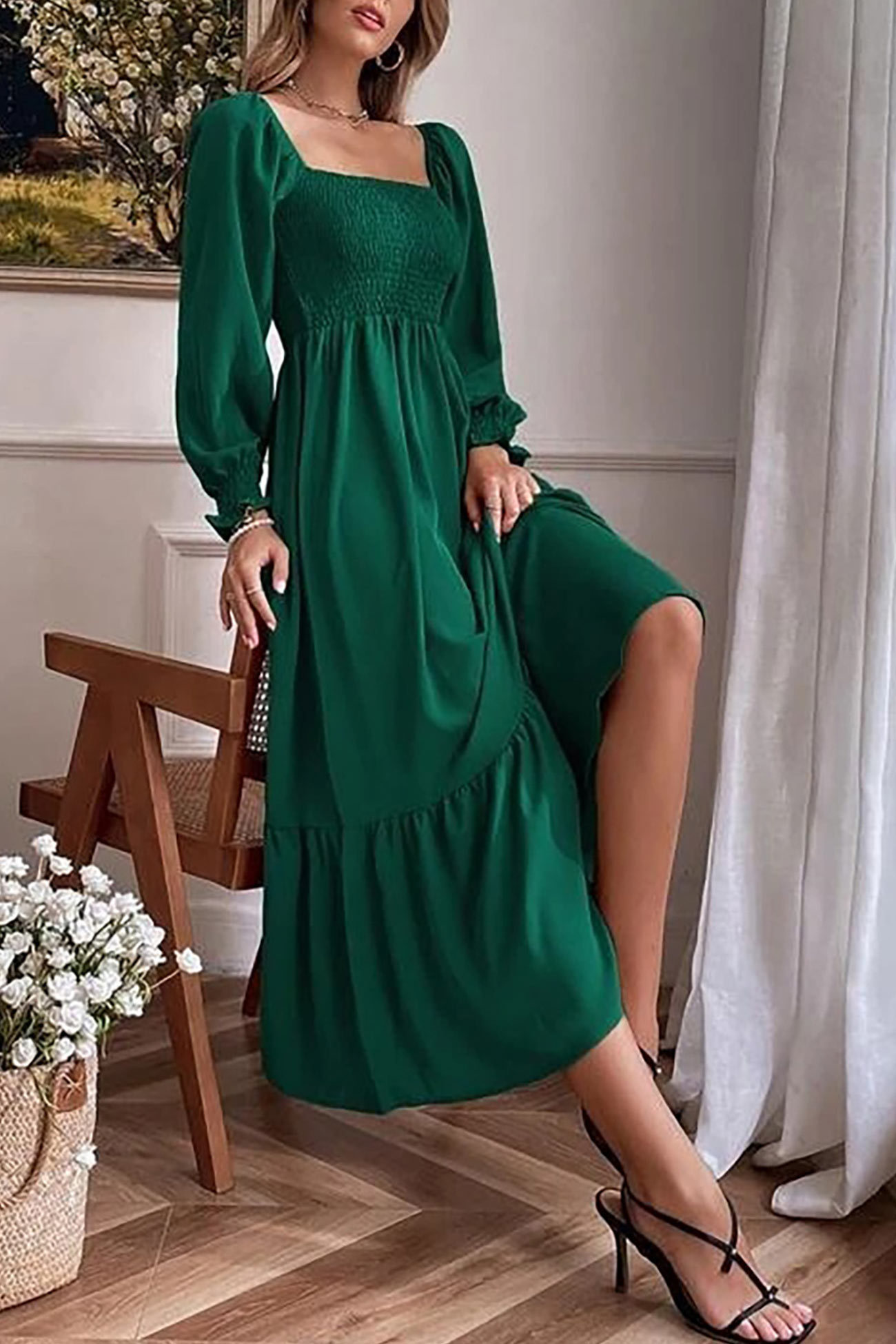 Puff Sleeve Smocked Ruffle Midi Dress