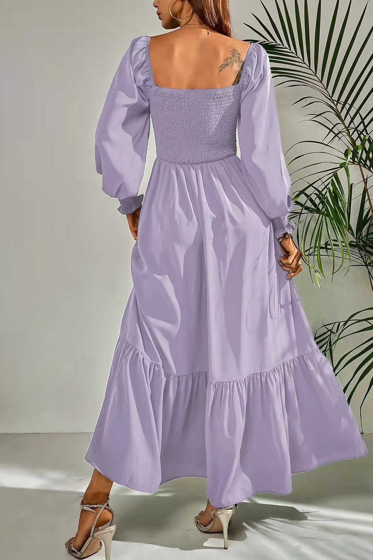 Puff Sleeve Smocked Ruffle Midi Dress