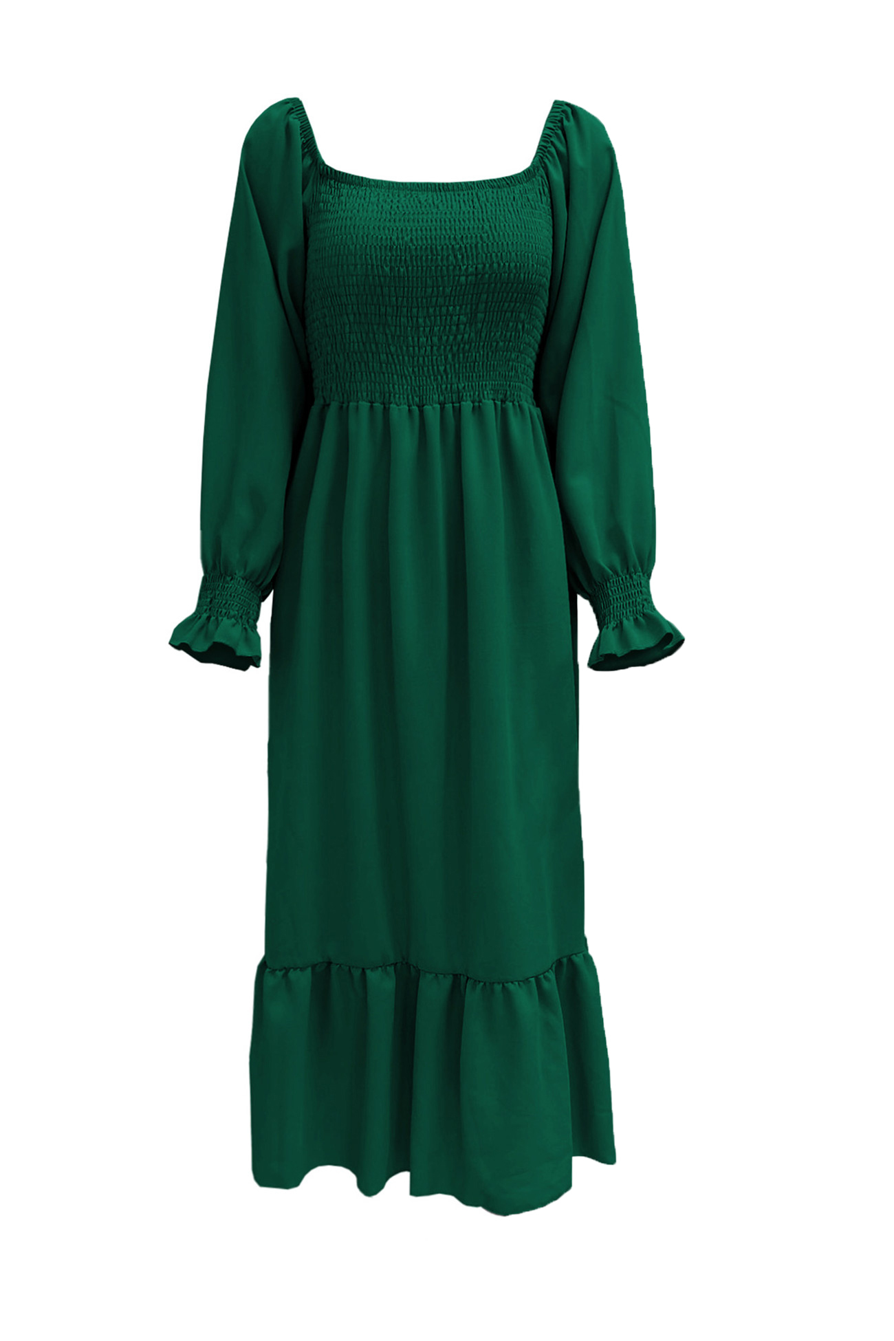 Puff Sleeve Smocked Ruffle Midi Dress