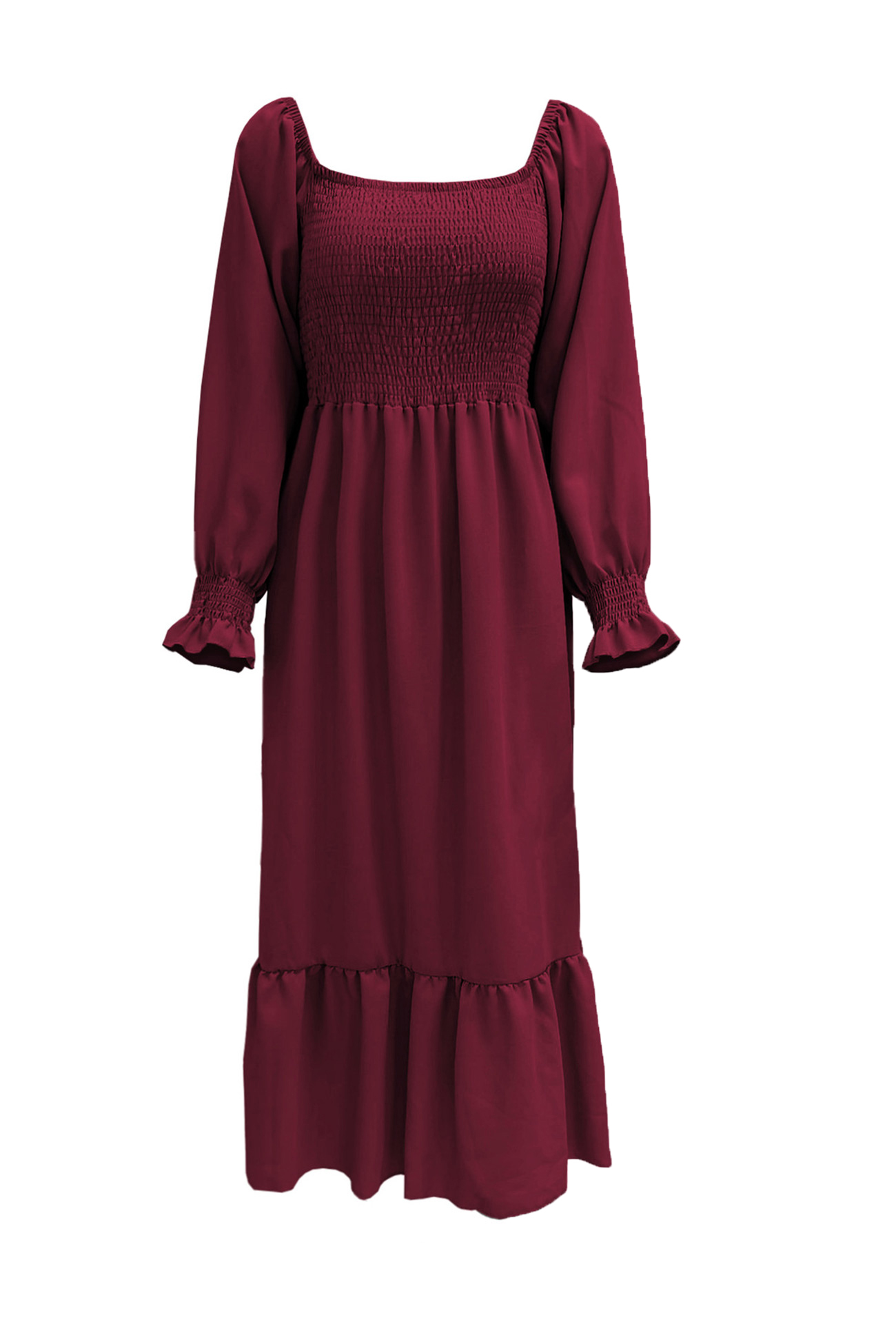 Puff Sleeve Smocked Ruffle Midi Dress