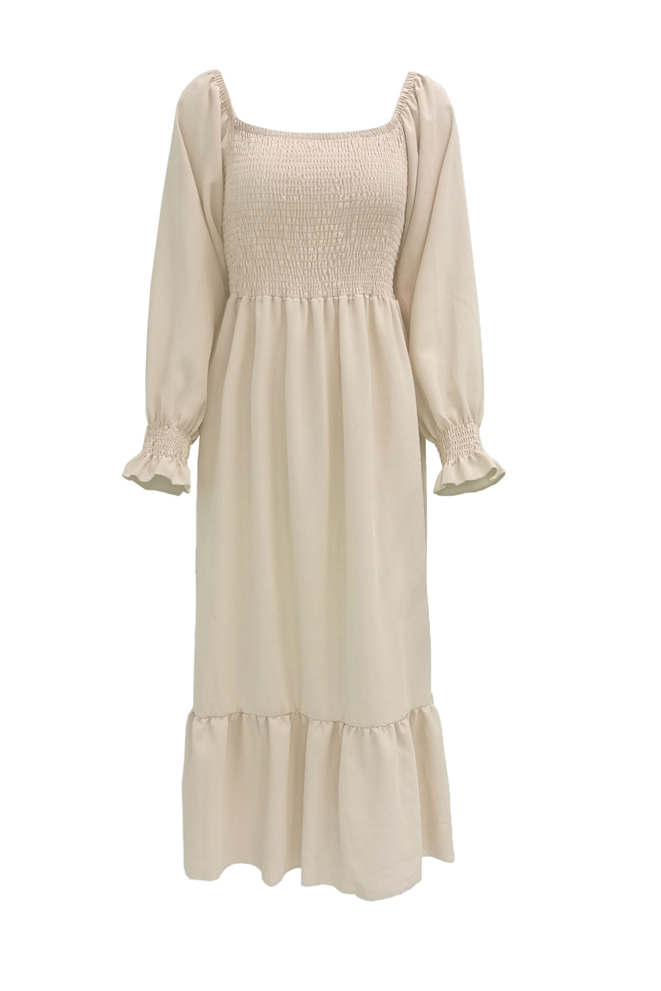 Puff Sleeve Smocked Ruffle Midi Dress