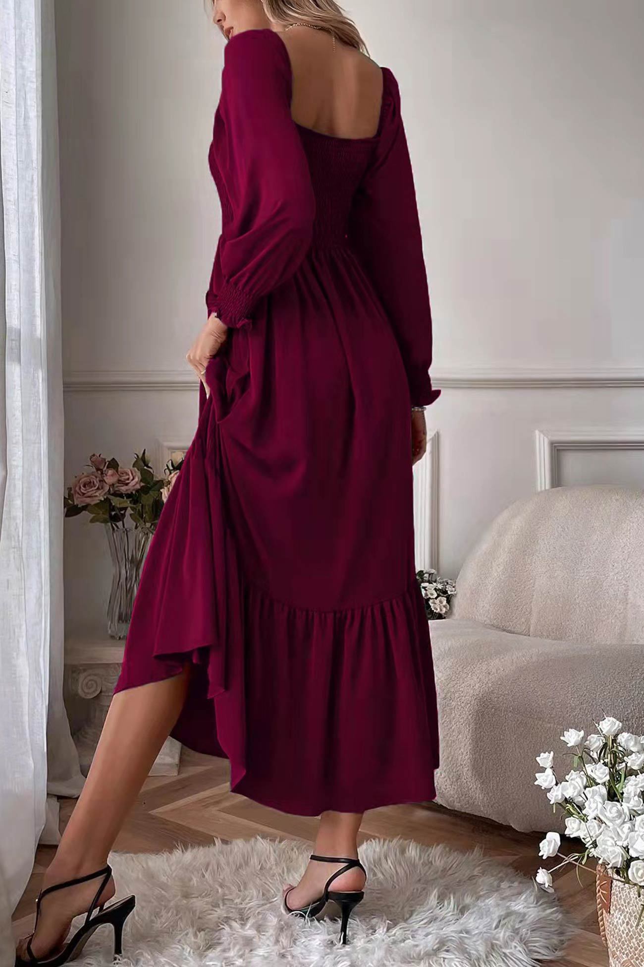 Puff Sleeve Smocked Ruffle Midi Dress