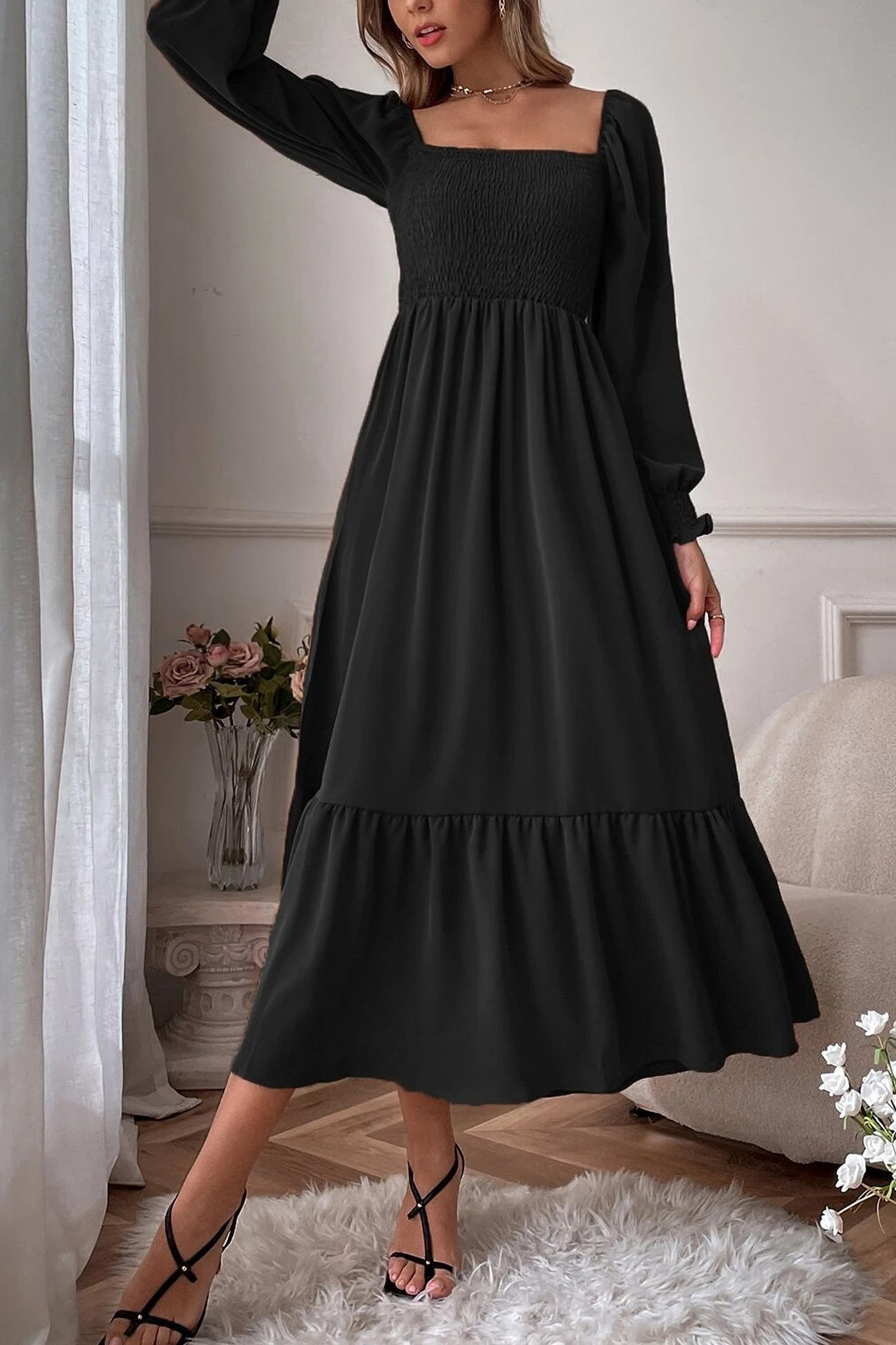 Puff Sleeve Smocked Ruffle Midi Dress