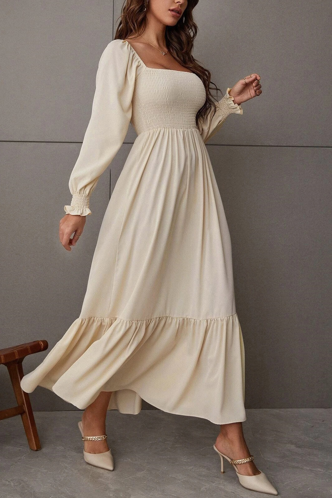 Puff Sleeve Smocked Ruffle Midi Dress