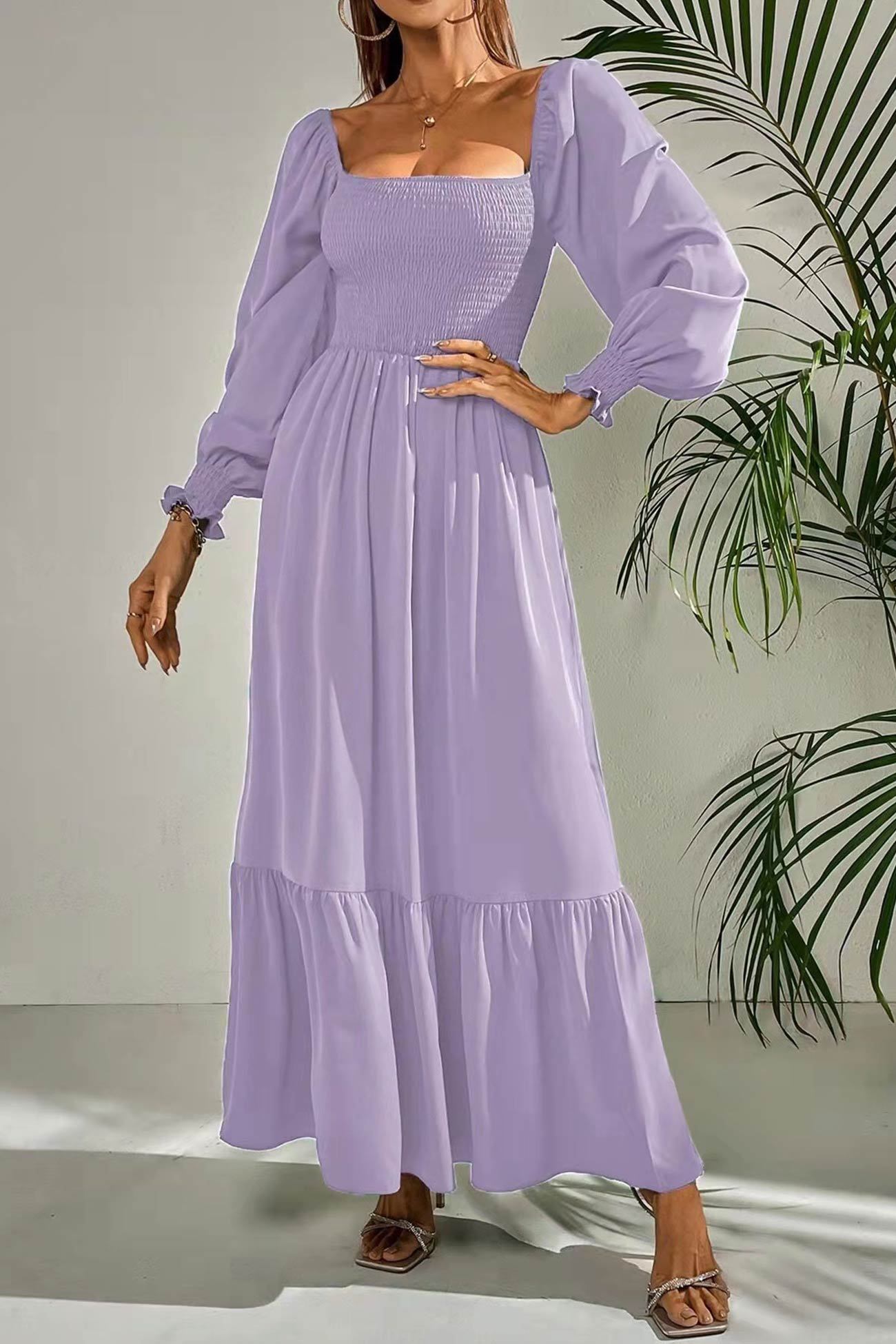 Puff Sleeve Smocked Ruffle Midi Dress