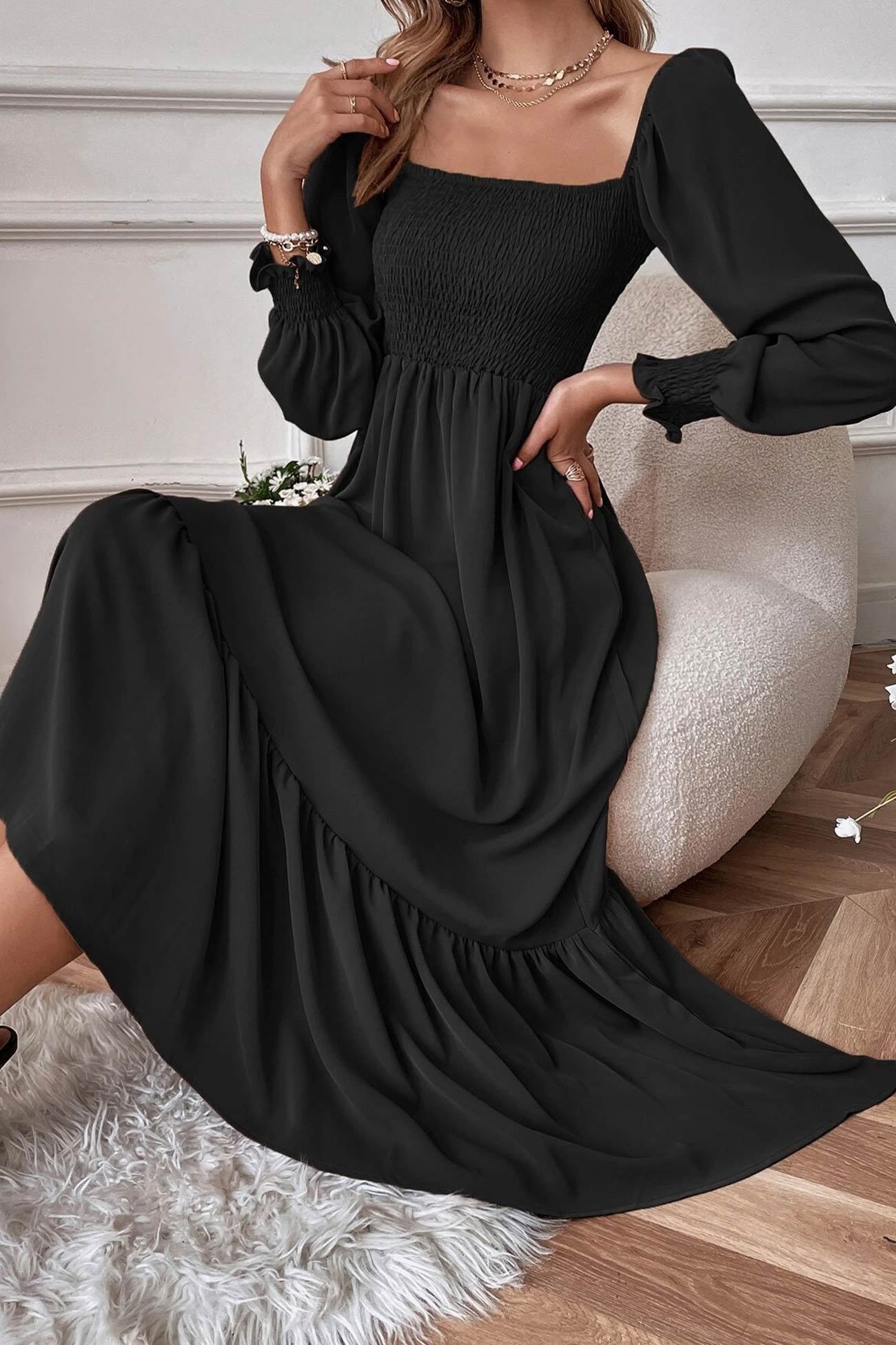 Puff Sleeve Smocked Ruffle Midi Dress