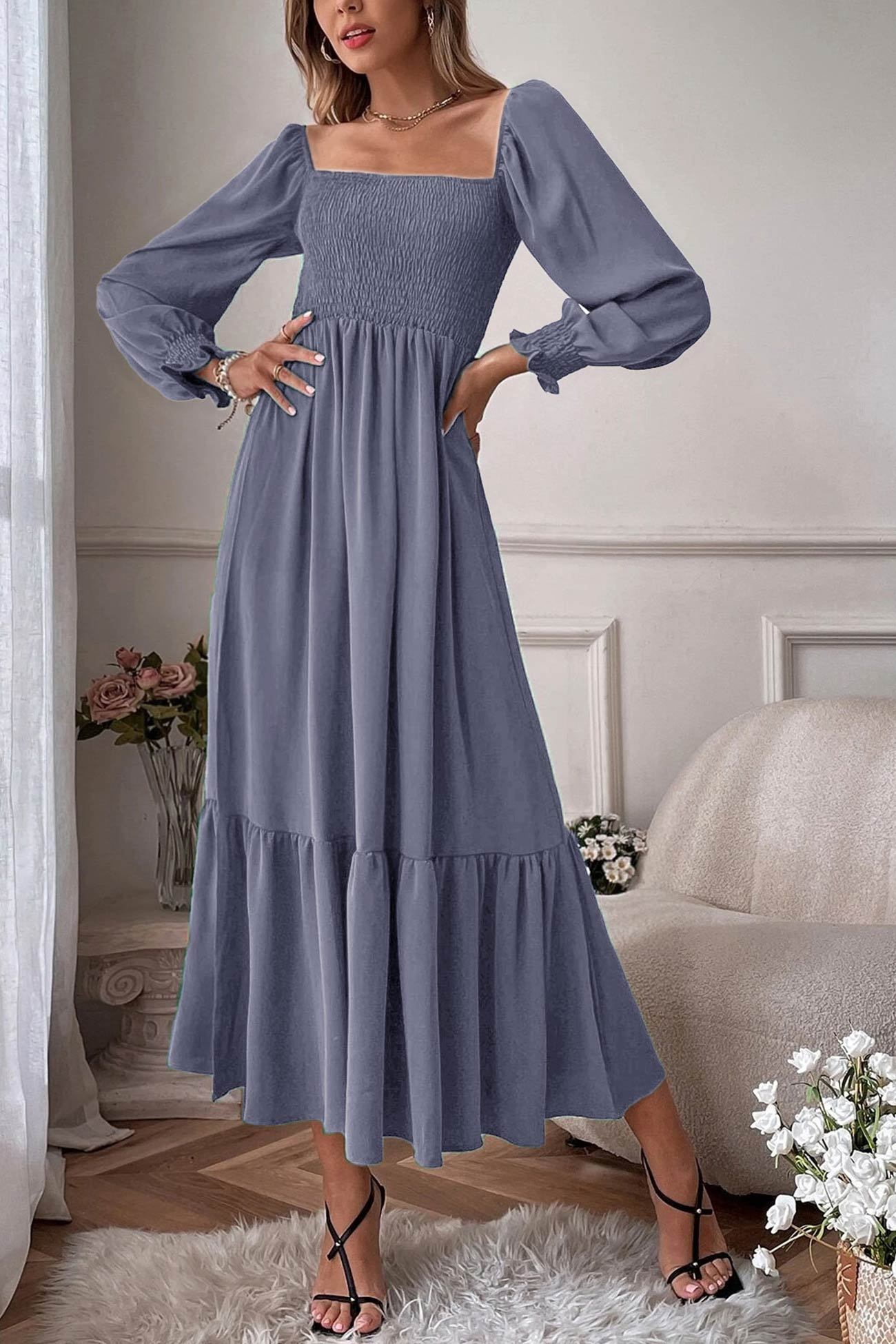 Puff Sleeve Smocked Ruffle Midi Dress