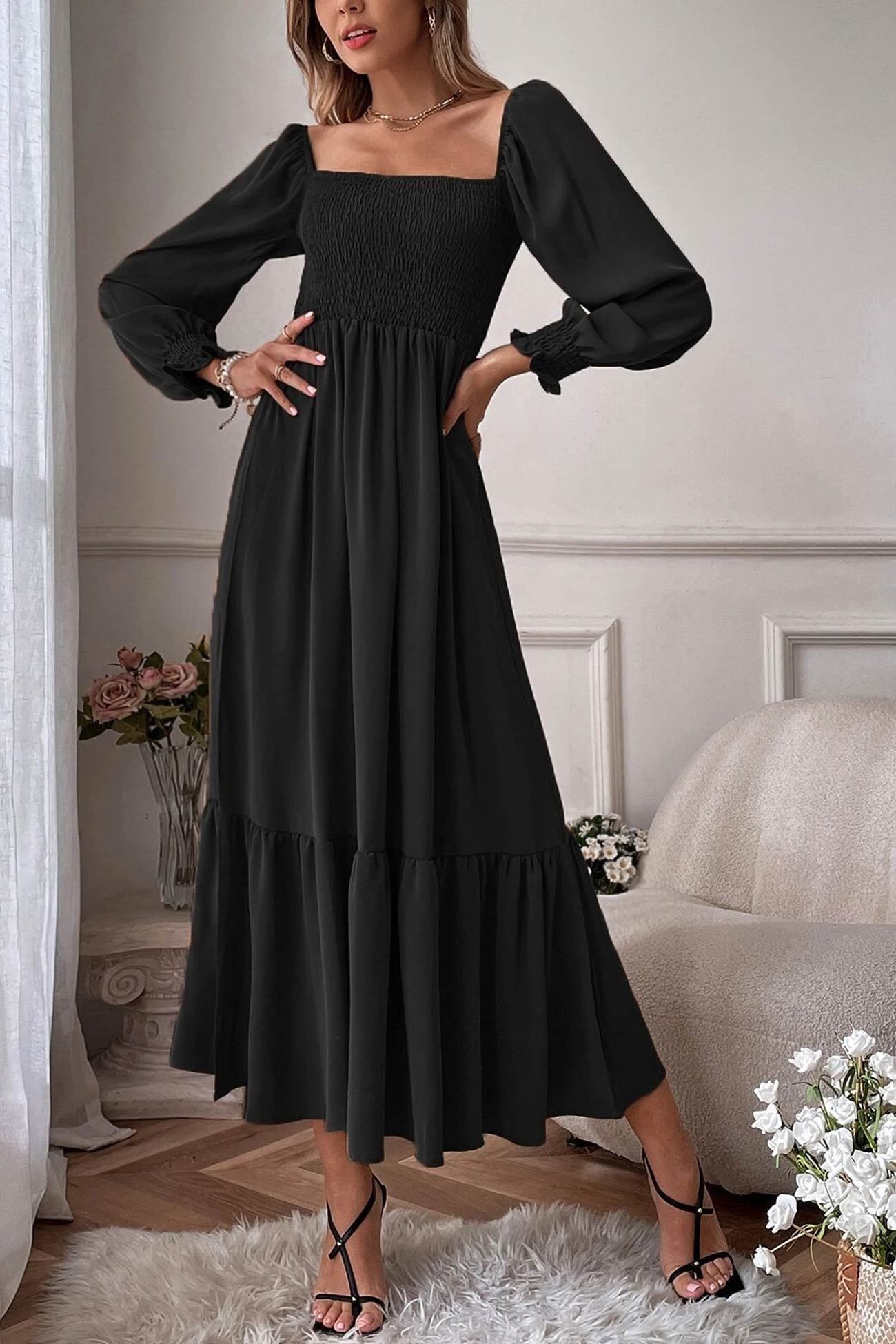 Puff Sleeve Smocked Ruffle Midi Dress