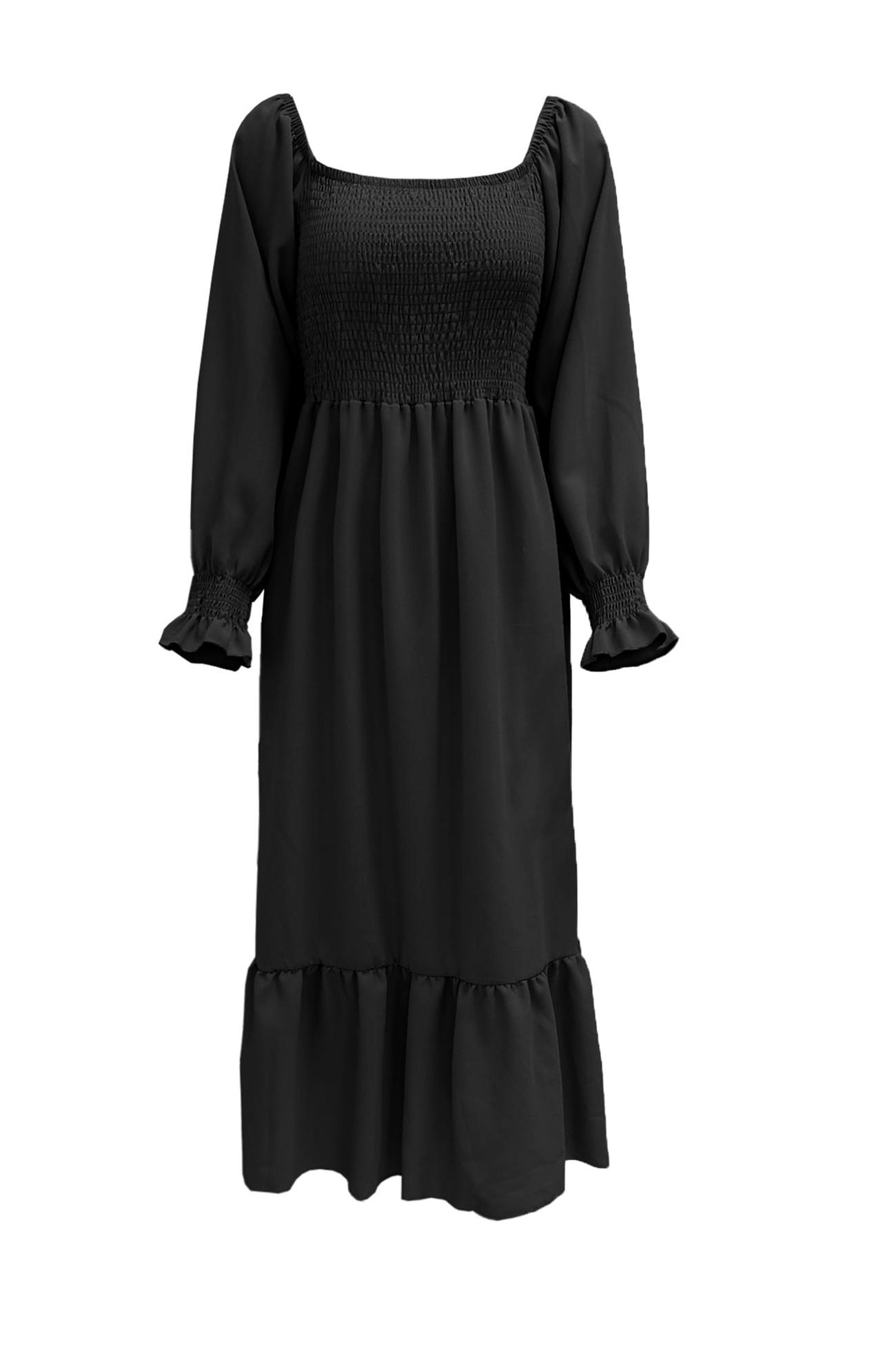 Puff Sleeve Smocked Ruffle Midi Dress
