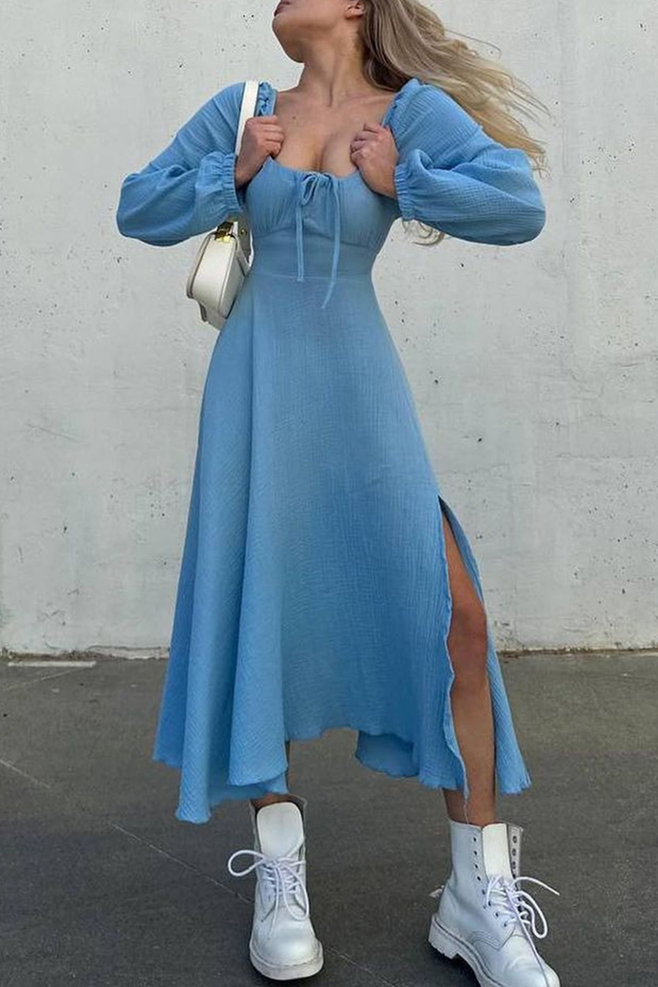Puff Sleeve Square Neck Slit Dress