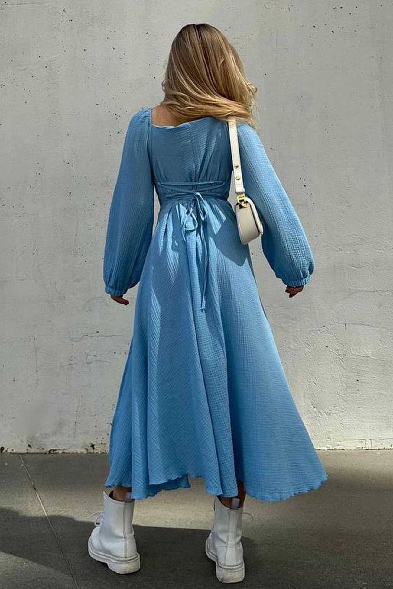 Puff Sleeve Square Neck Slit Dress