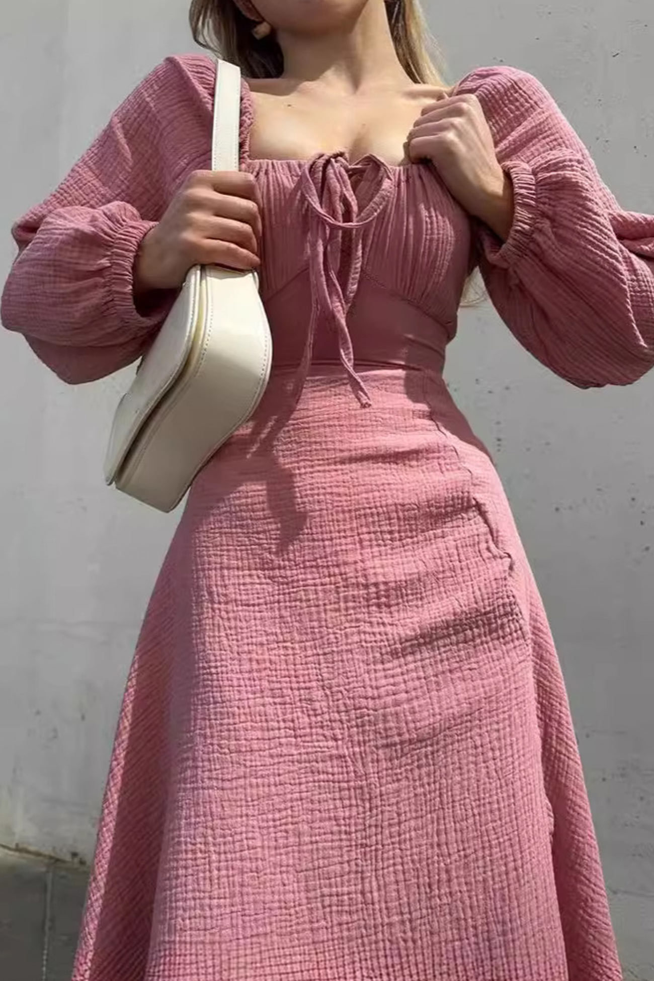 Puff Sleeve Square Neck Slit Dress