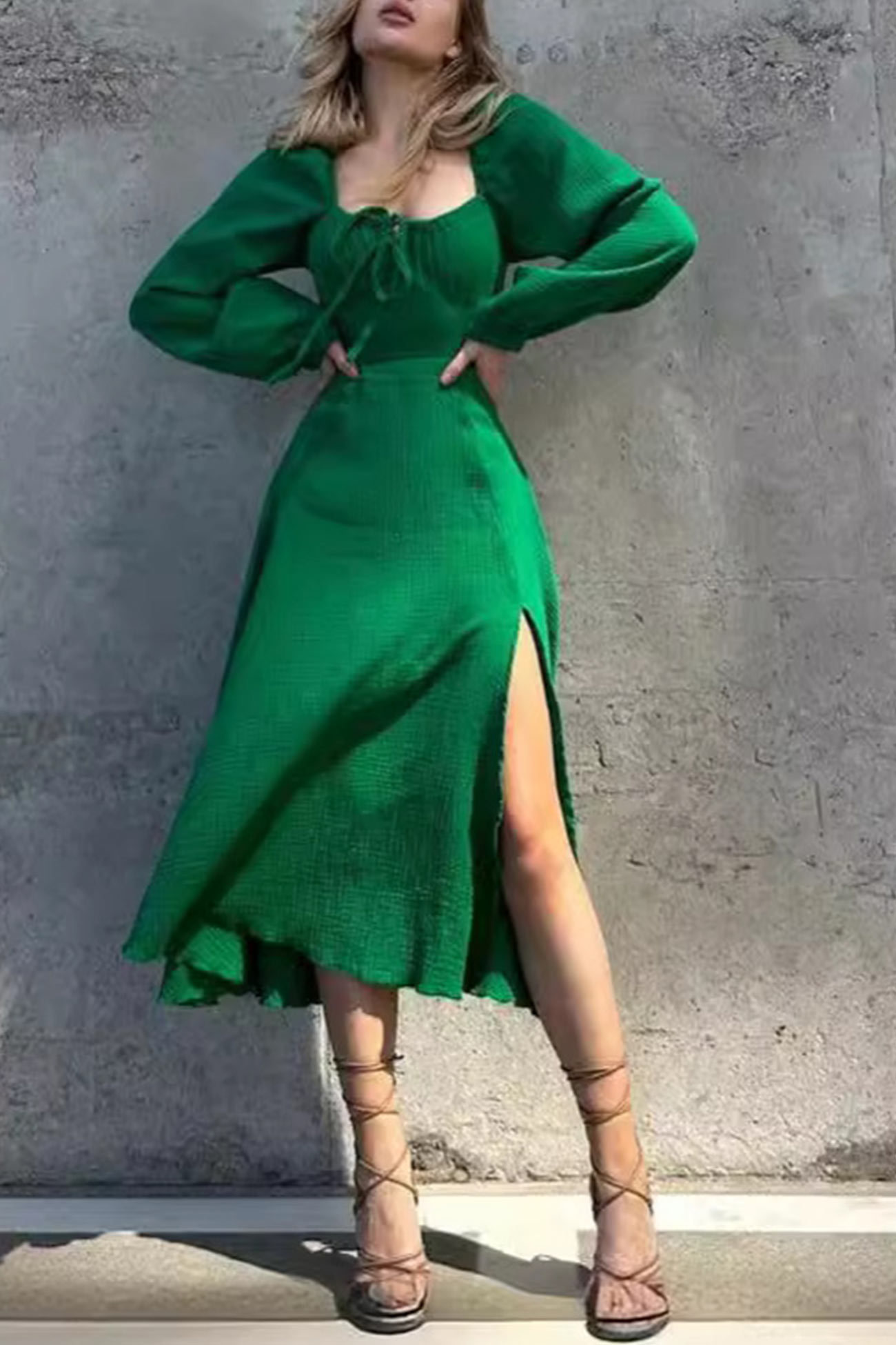 Puff Sleeve Square Neck Slit Dress