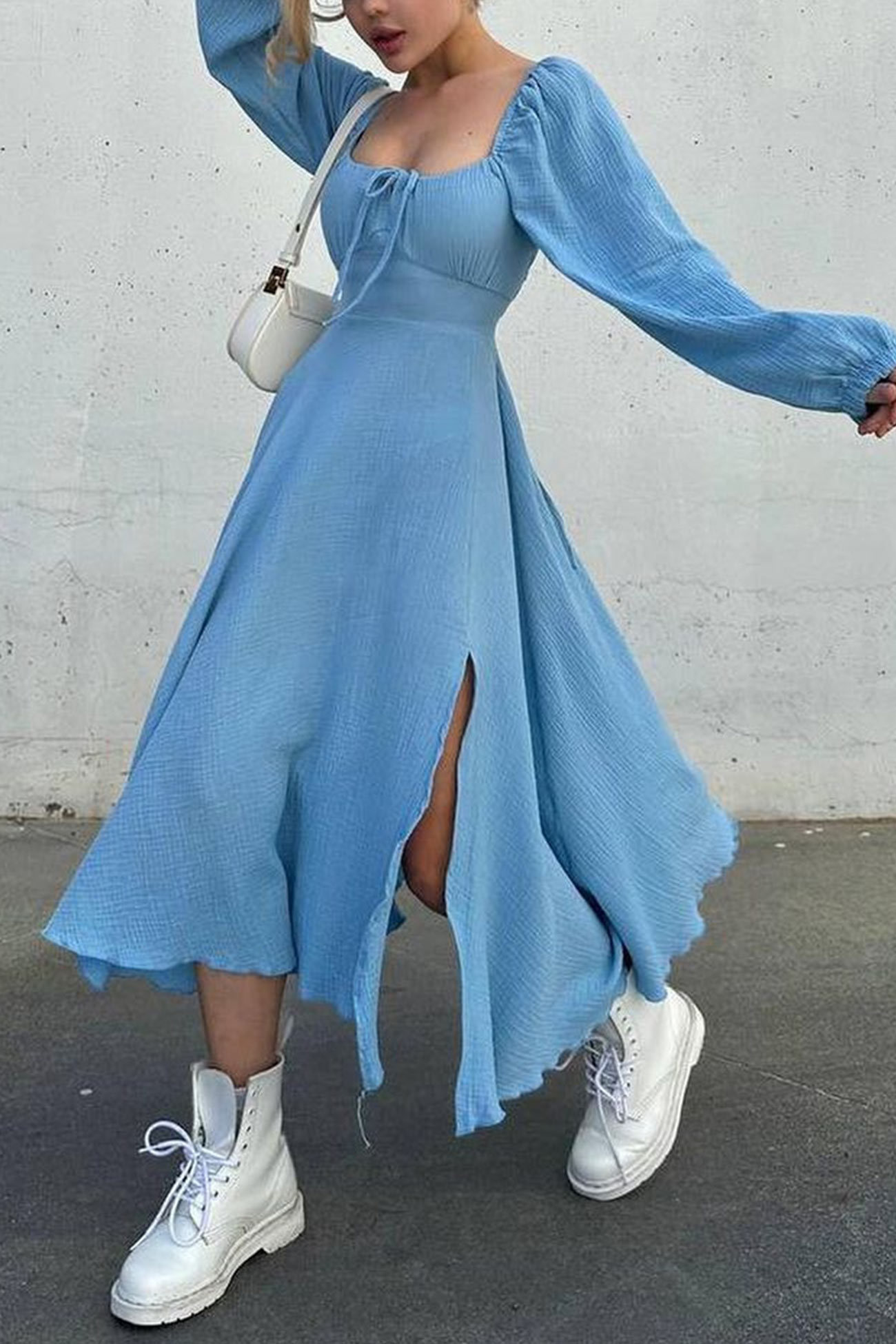 Puff Sleeve Square Neck Slit Dress
