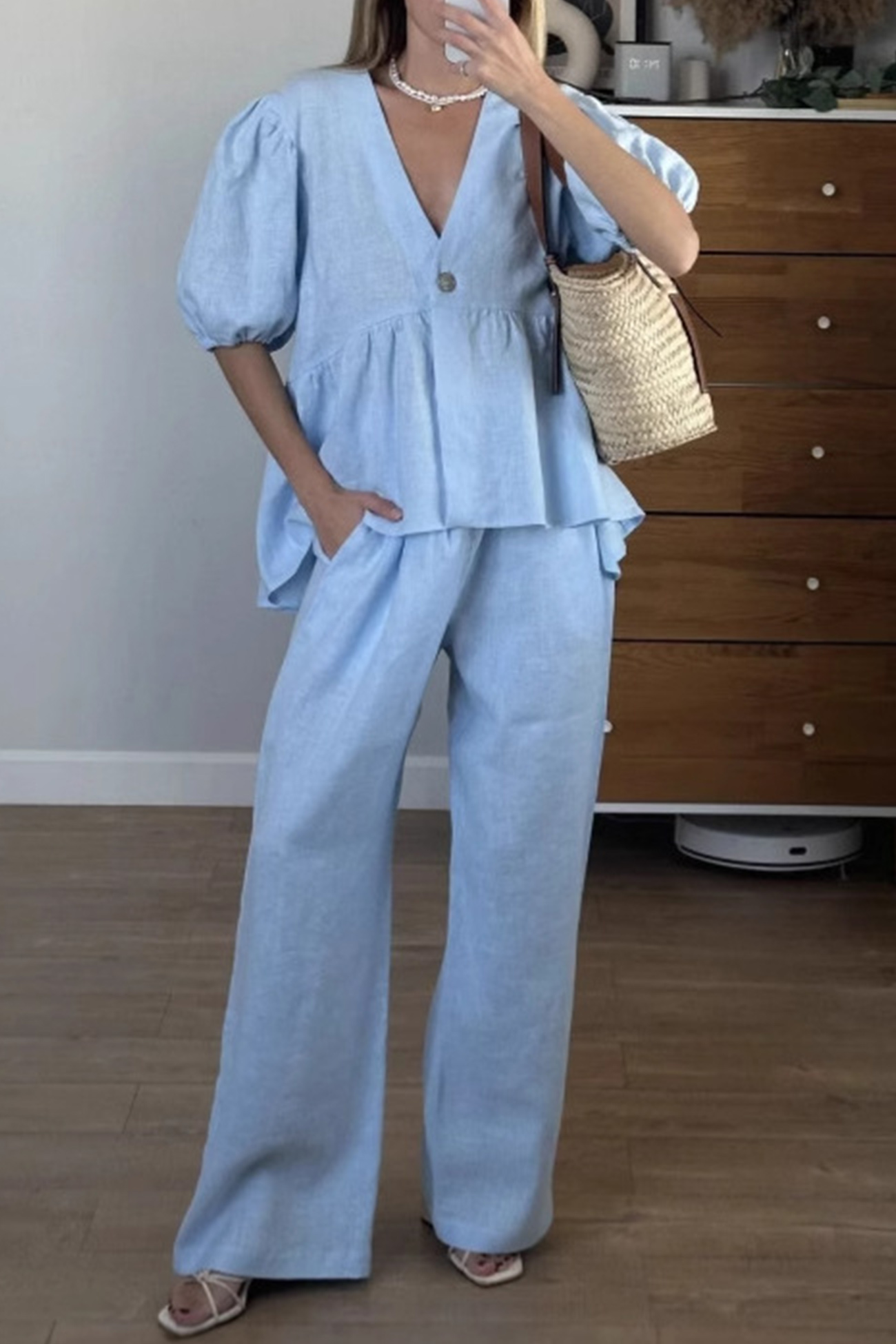 Puff Sleeve V Neck Cotton Sweet Shirt Set
